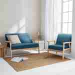 Banquette et fauteuil scandinave en bois et tissu bleu pétrole L 114 x l 69,5 x H 73cm Photo1