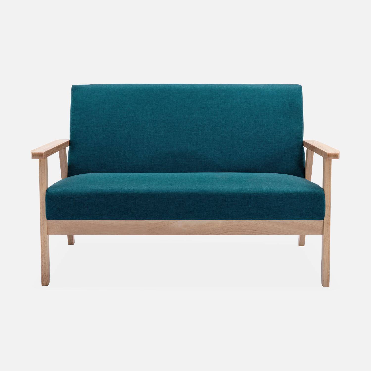 Banco y sillón escandinavos de madera y tela azul petróleo L 114 x A 69,5 x Alt 73cm Photo3