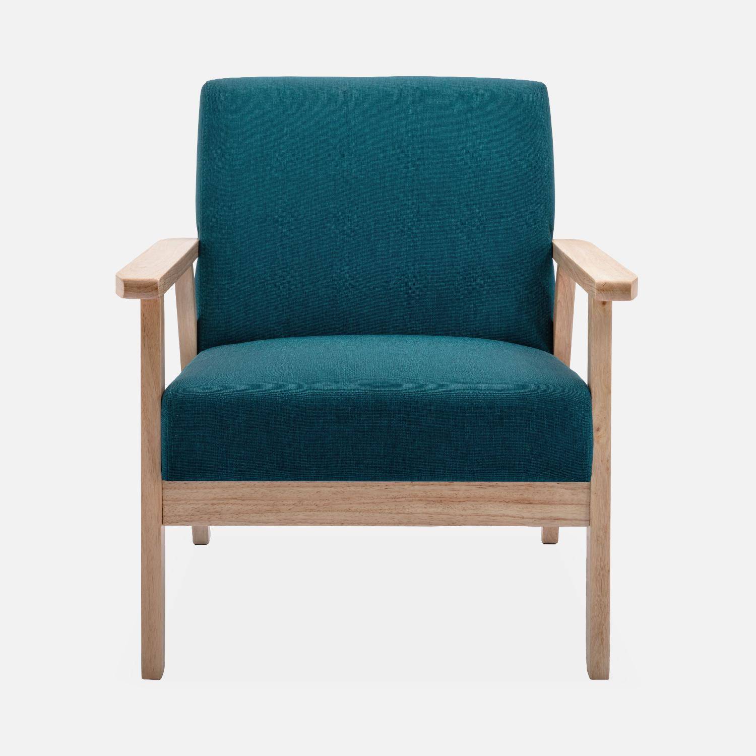 Houten tweezits bank en fauteuil met petroleumblauwe stoffen zitting, 114x69,5x73cm en 64x69,5x73cm,sweeek,Photo4
