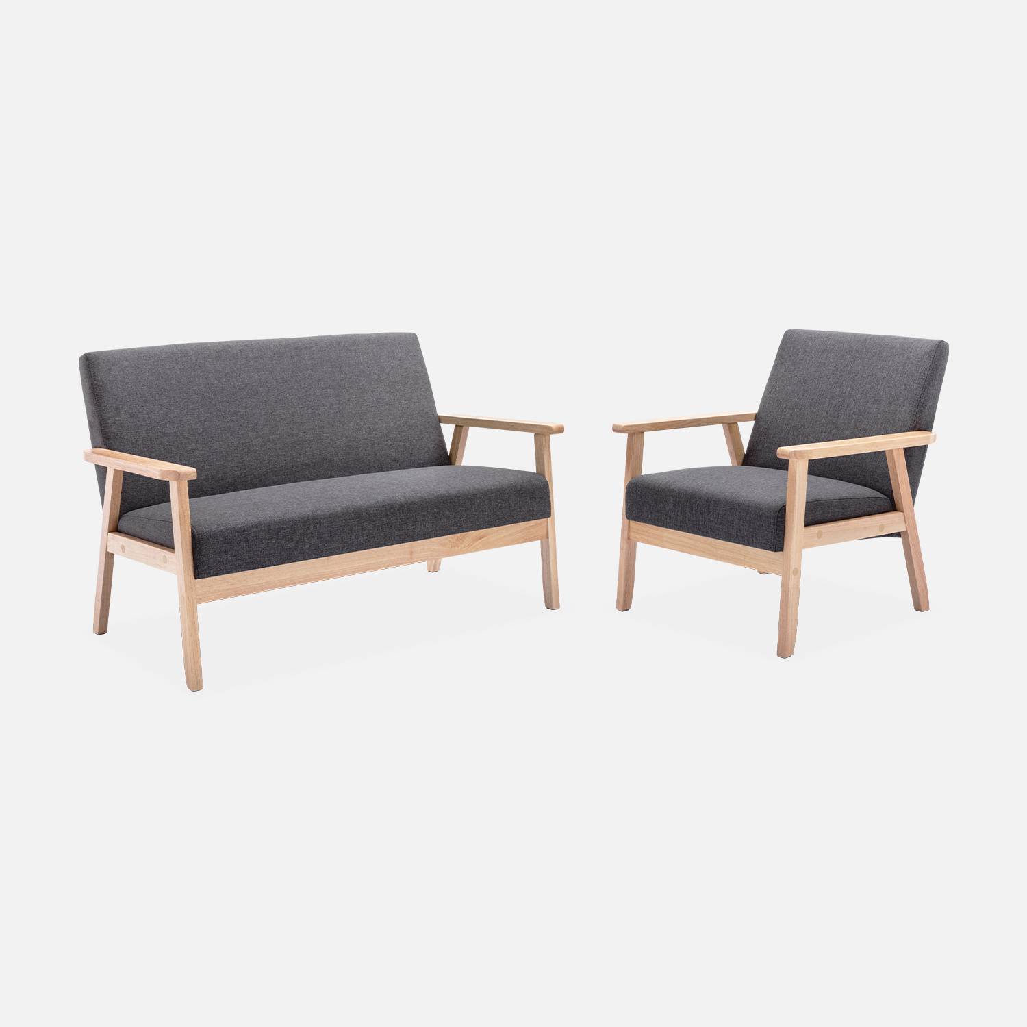 Banco y sillón escandinavos de madera y tela gris oscuro | sweeek