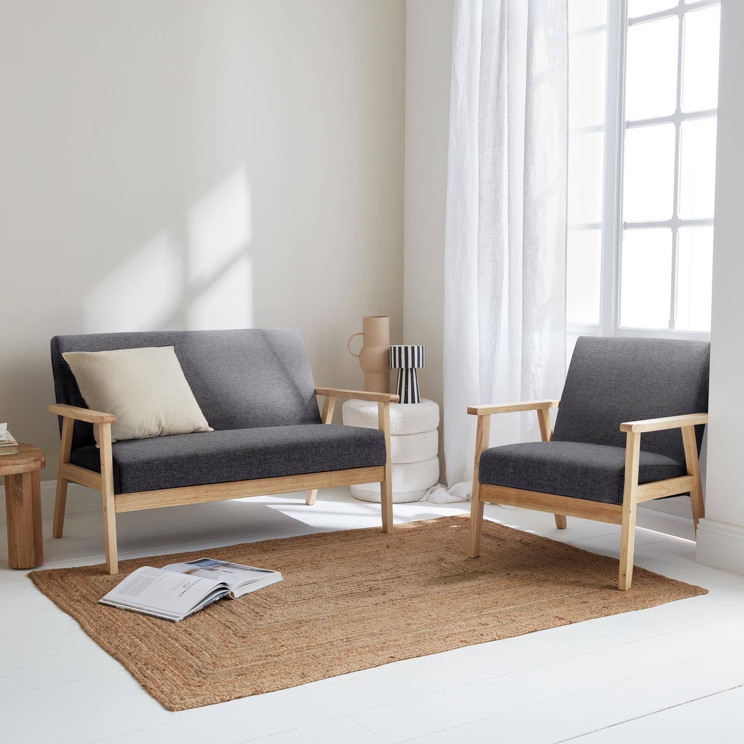 Banquette et fauteuil en bois et tissu gris foncé, Isak, L 114 x l 69,5 x H 73cm,sweeek,Photo1