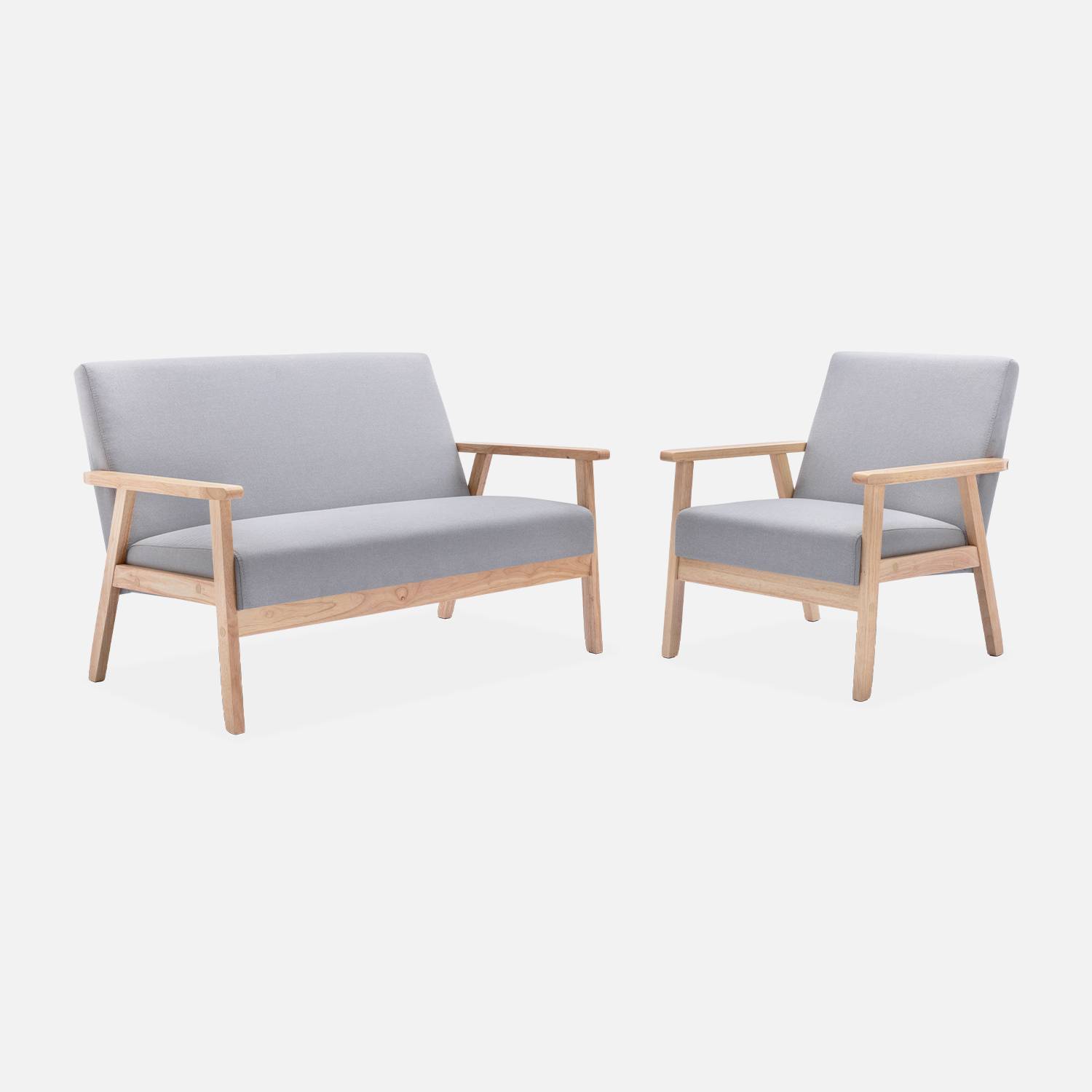 Banco y sillón escandinavos de madera y tela gris claro | sweeek