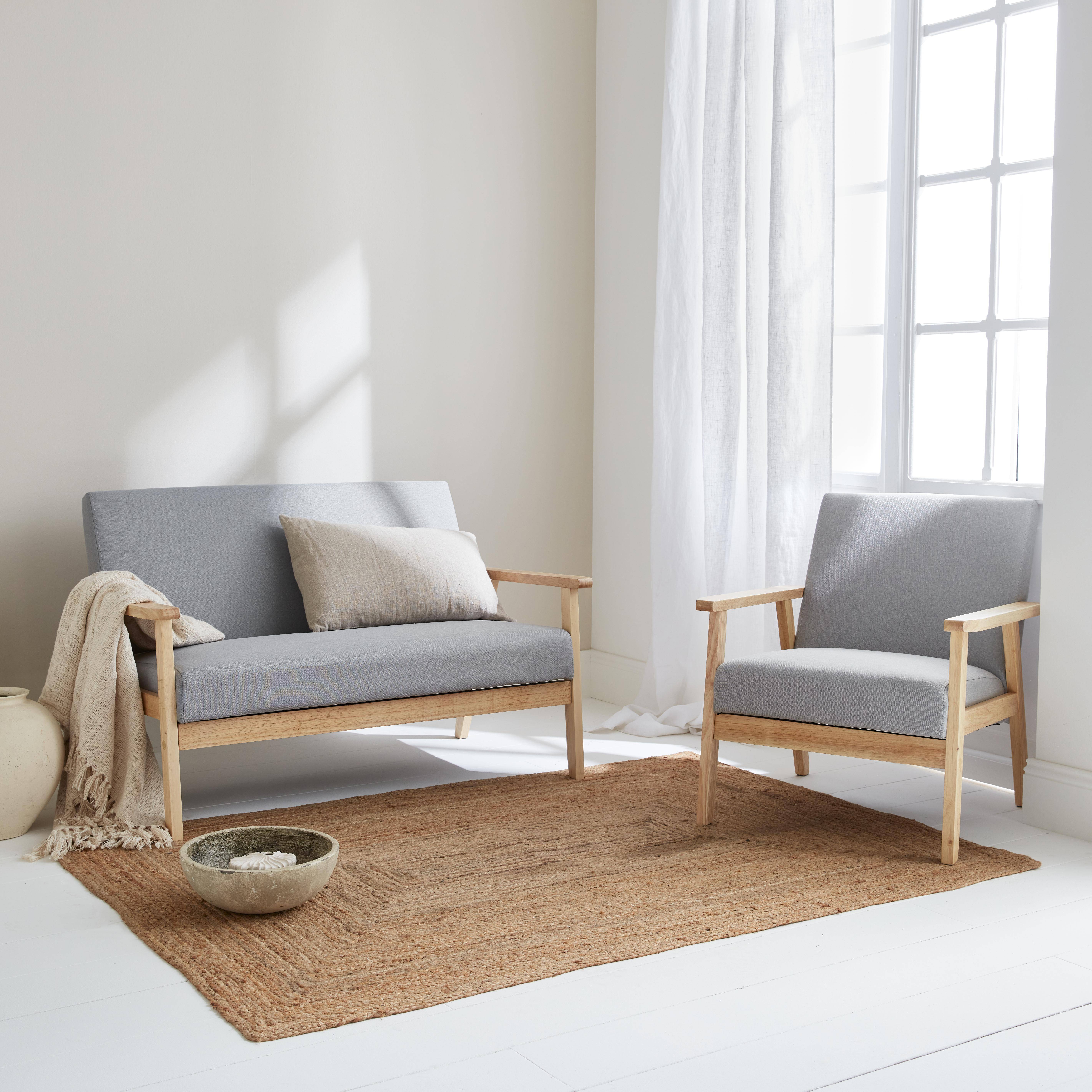 Banco y sillón de madera y tela gris claro, Isak, L 114 x A 69,5 x A 73 cm,sweeek,Photo2