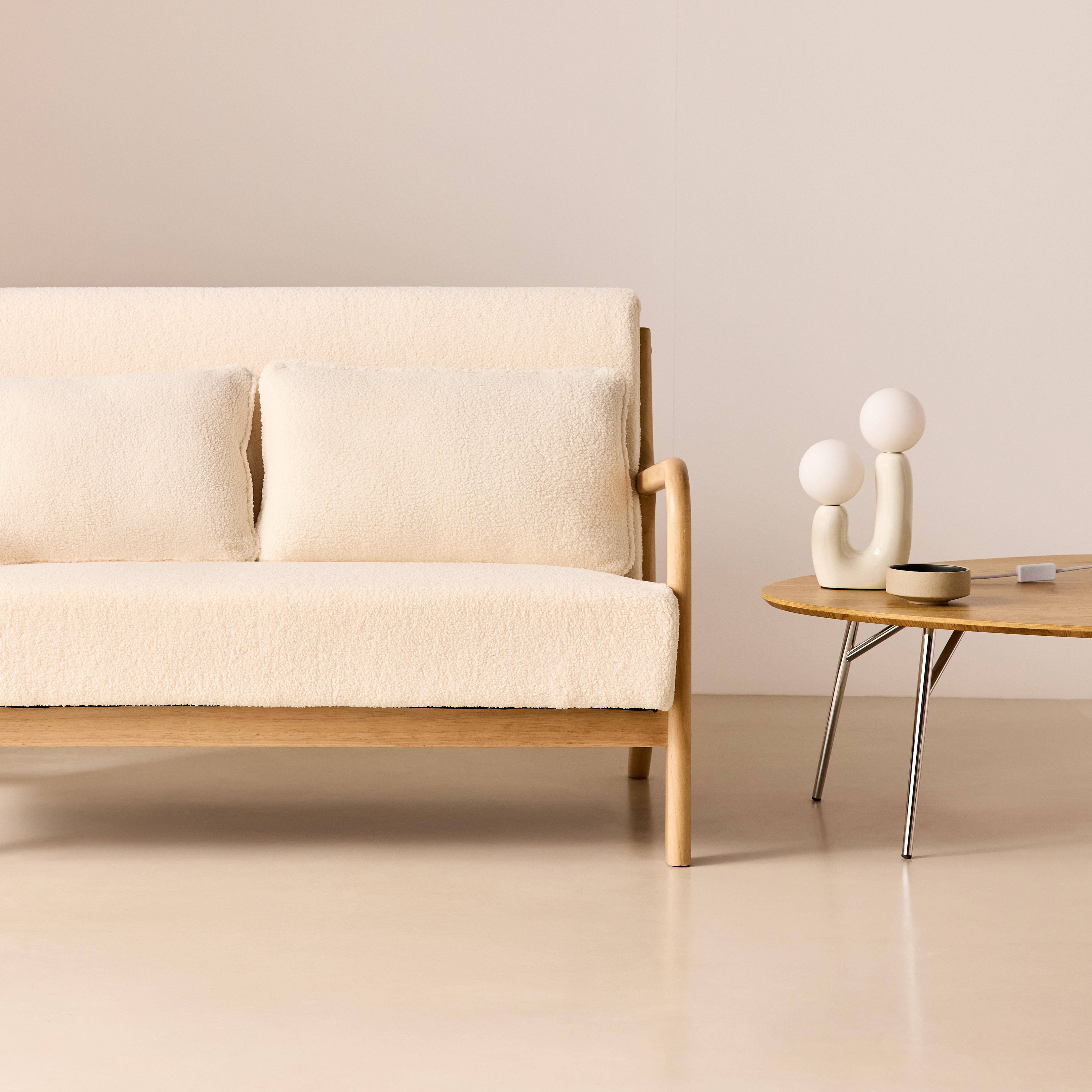 Scandinavische 2-zits zetel met naturelkleurig hout en bouclé crème - Lorens Photo3