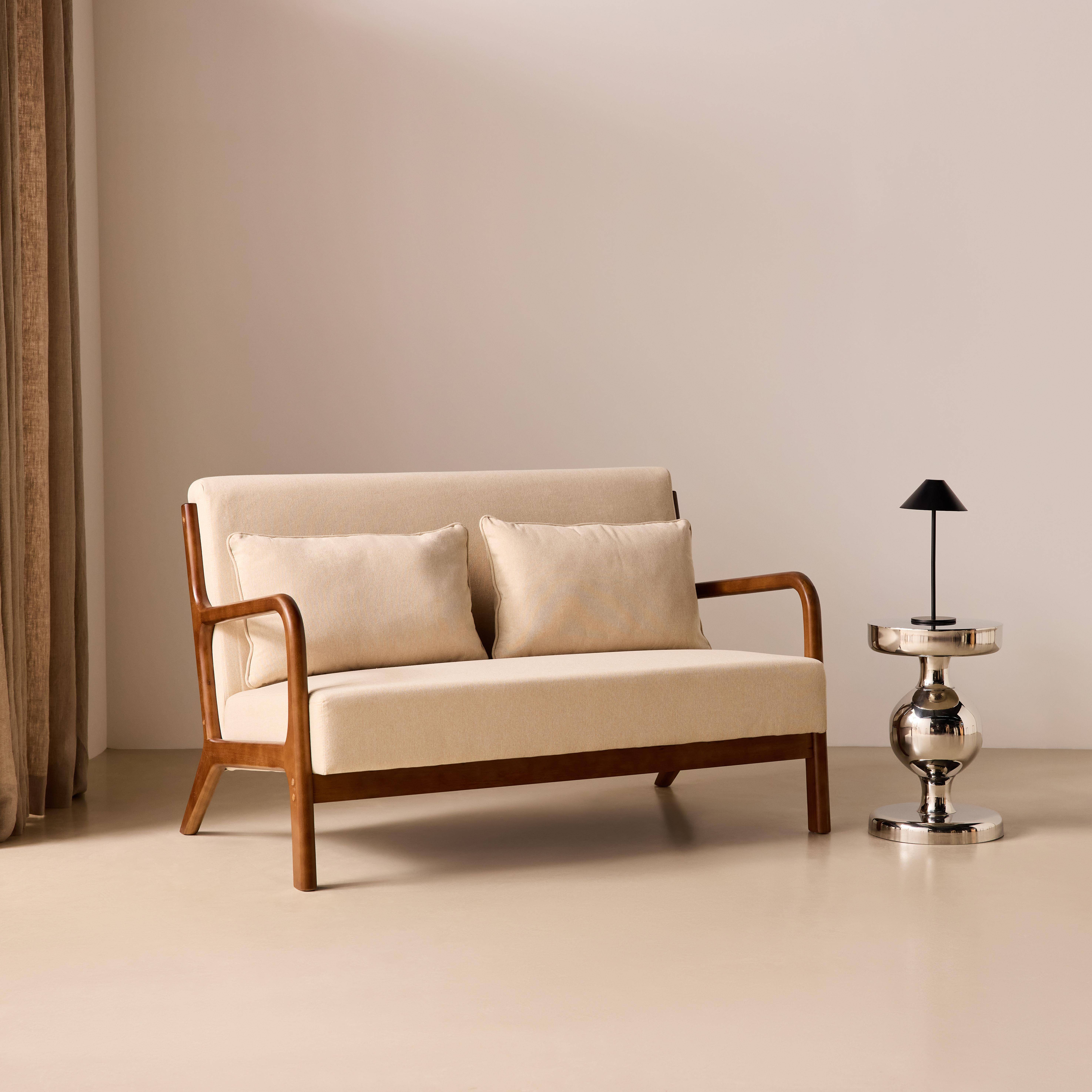 Banquette 2 places tissu beige, pieds bois d'hévéa teinté noyer clair, droit fixe, pieds compas scandinave Photo2