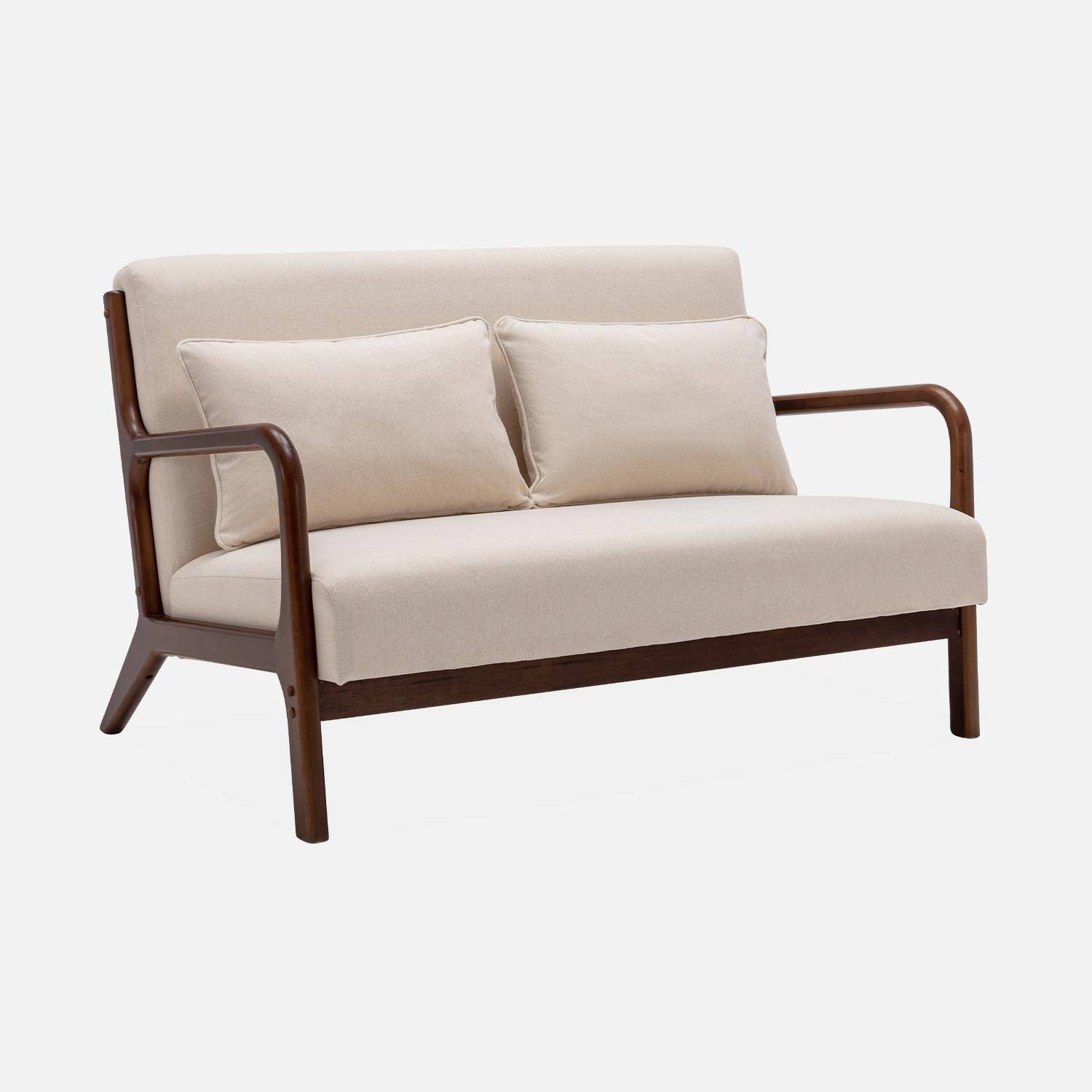 Banquette 2 places tissu beige, pieds bois d'hévéa teinté noyer clair, droit fixe, pieds compas scandinave,sweeek,Photo5