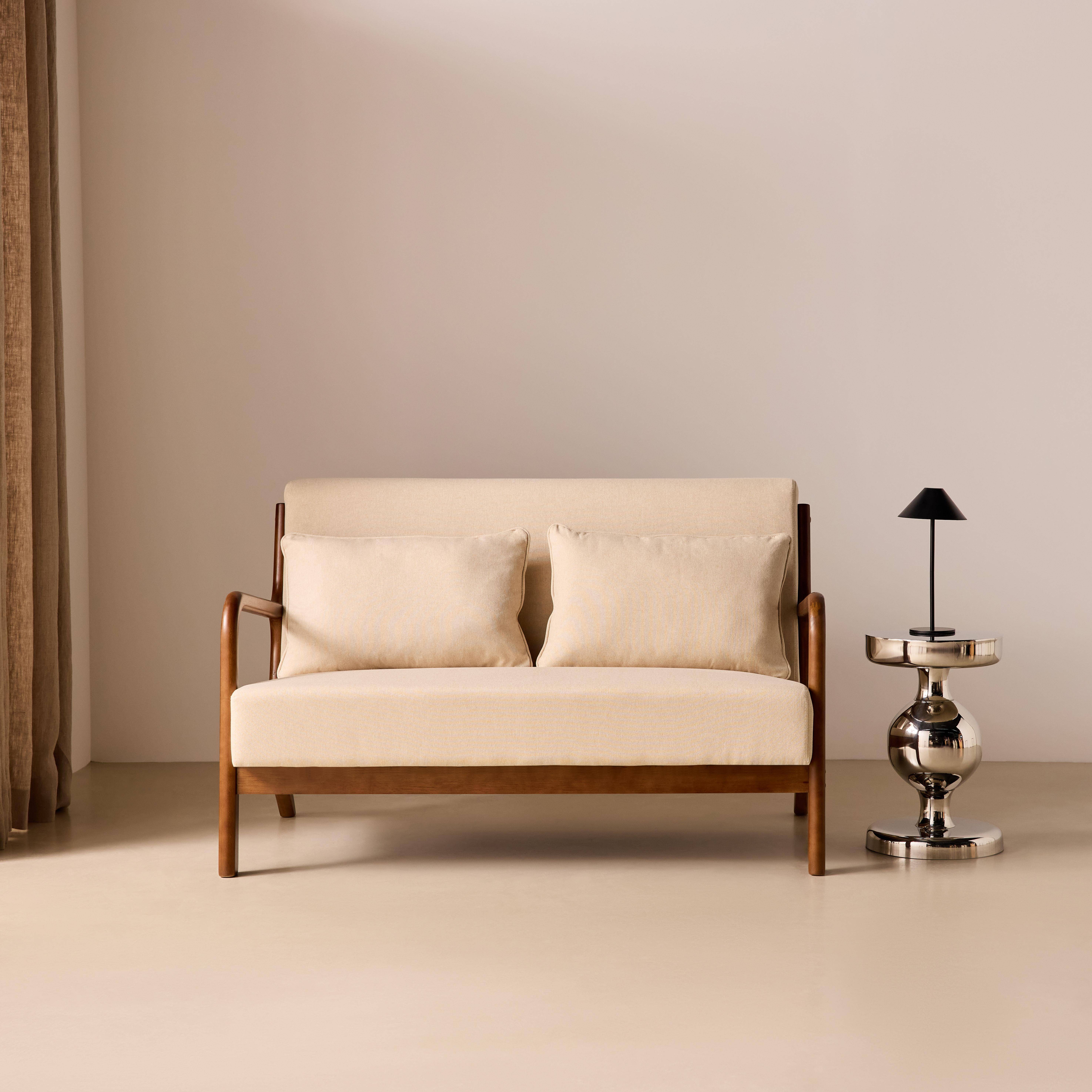 Banquette 2 places tissu beige, pieds bois d'hévéa teinté noyer clair, droit fixe, pieds compas scandinave Photo1