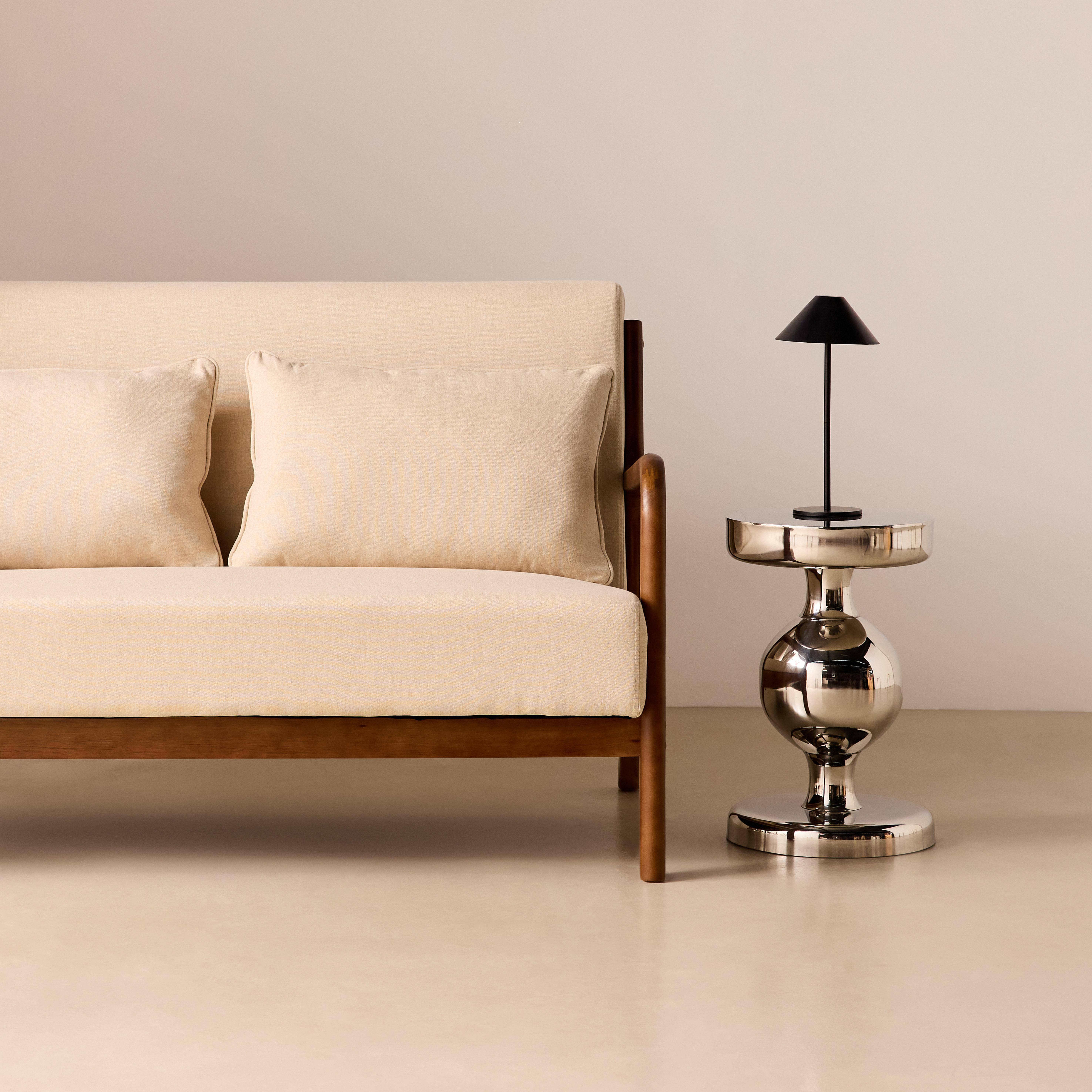 Banquette 2 places tissu beige, pieds bois d'hévéa teinté noyer clair, droit fixe, pieds compas scandinave Photo3