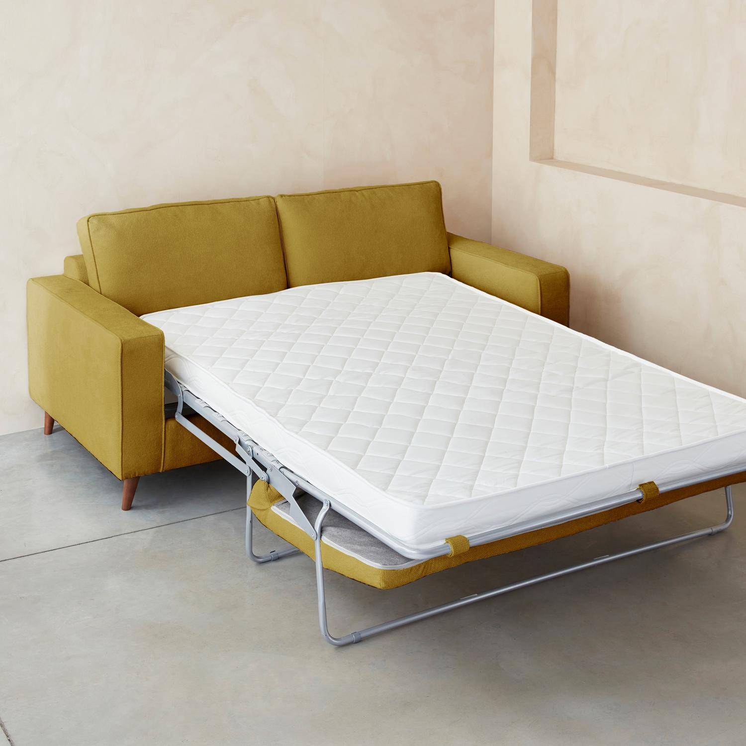 3-zits mosterdkleurige slaapbank met 12 cm dik matras, gemaakt in Frankrijk Photo5