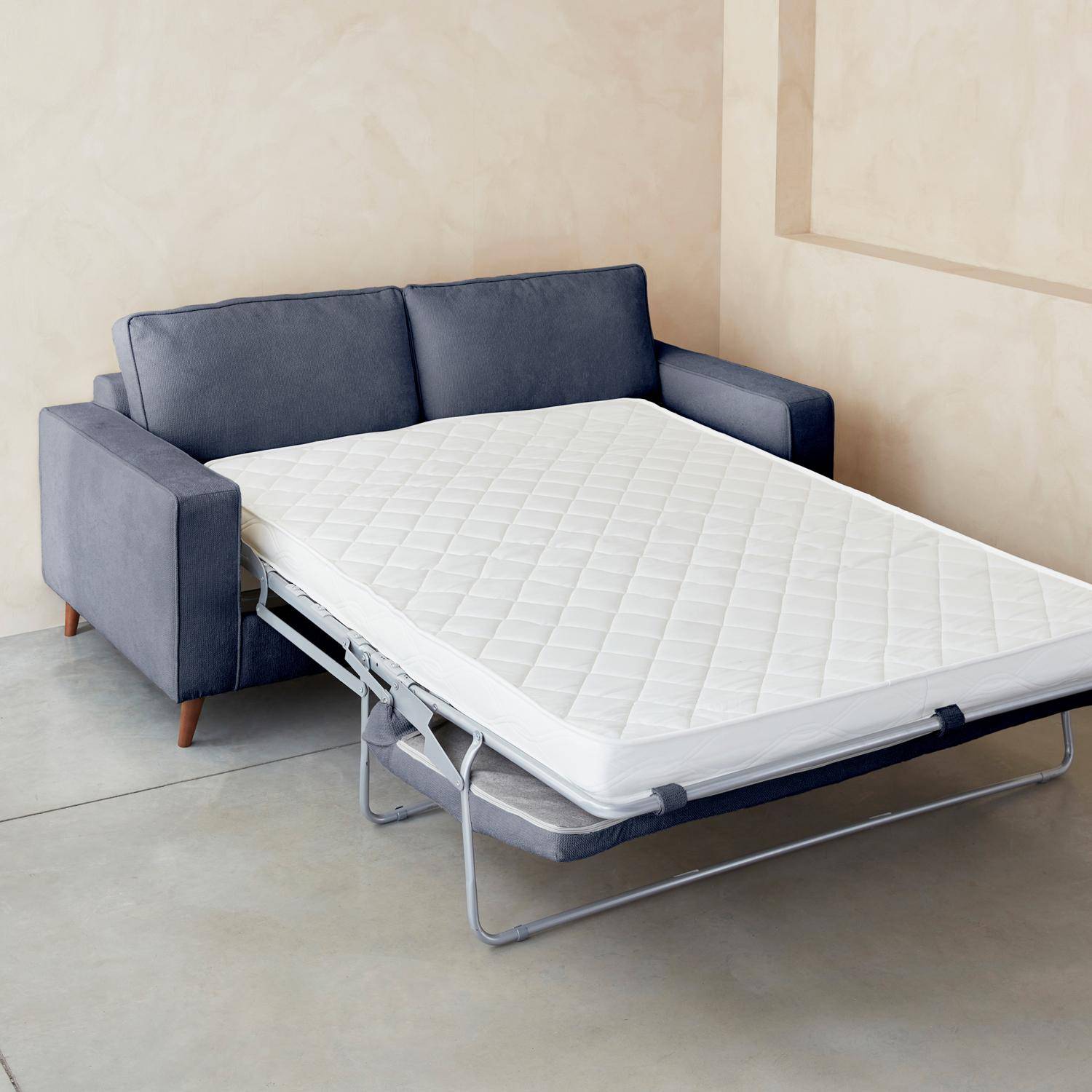Blauwe 3-zits slaapbank met 12cm dik matras, gemaakt in Frankrijk Photo5