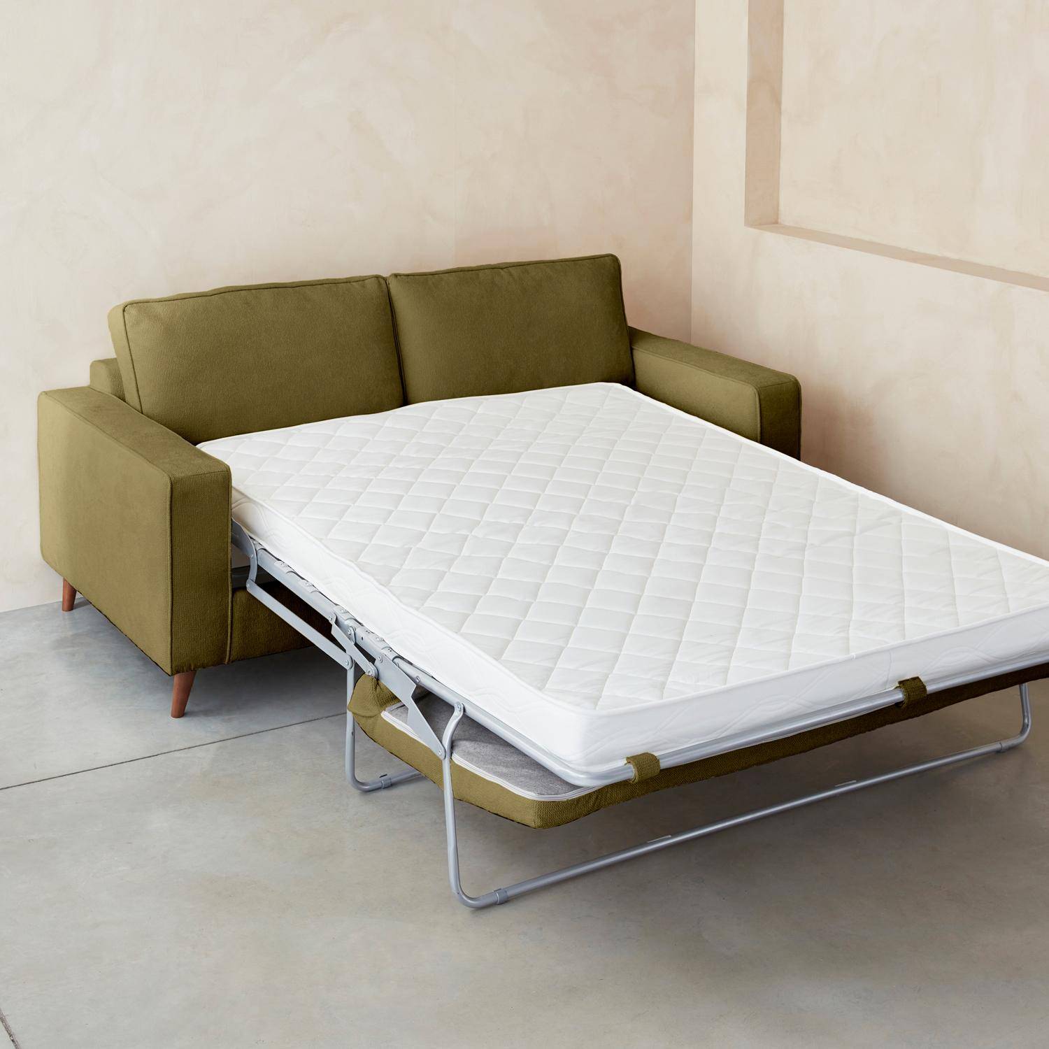 Olijfgroene 3-zits slaapbank met 12cm dik matras, gemaakt in Frankrijk  Photo5