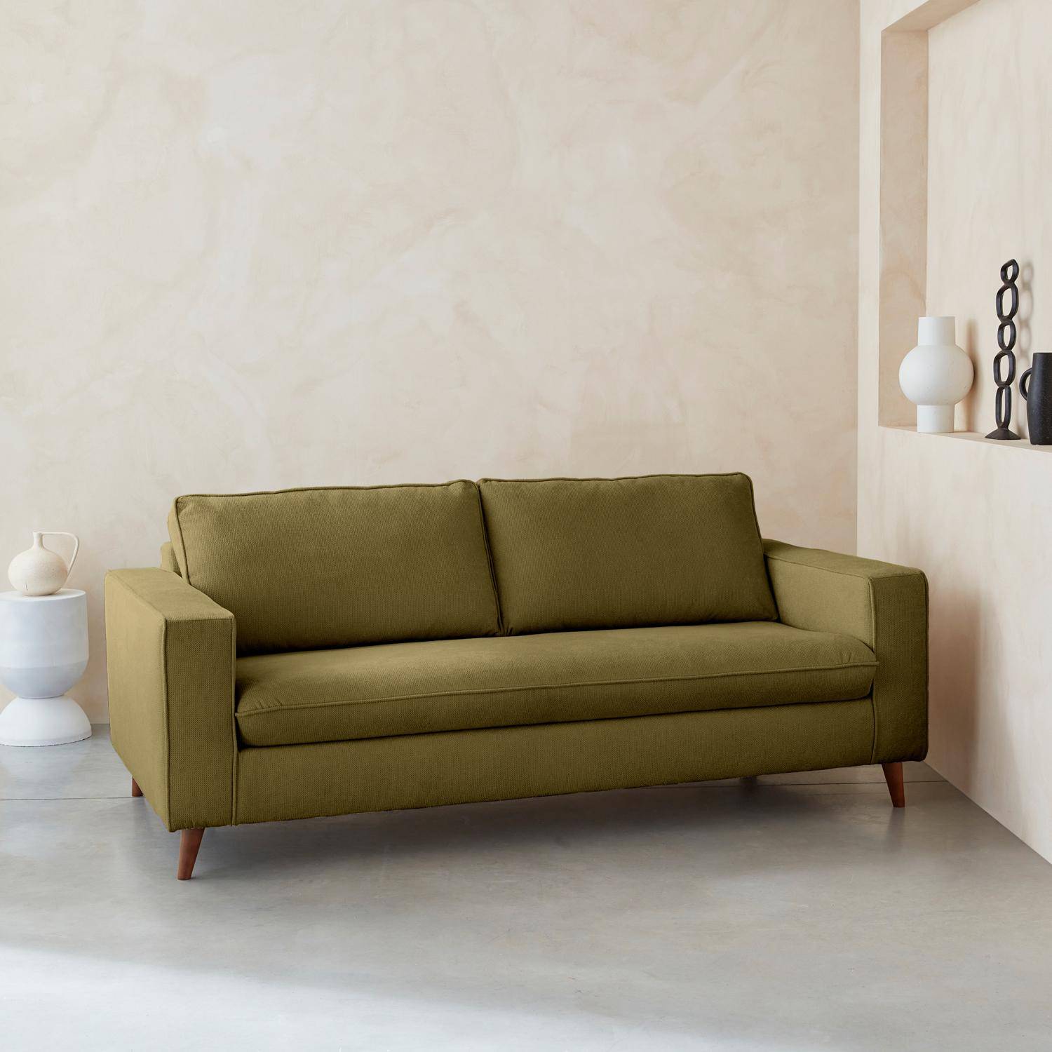 Canapé lit 3 places vert olive avec matelas 12cm d'épaisseur, fabriqué en France ,sweeek,Photo2