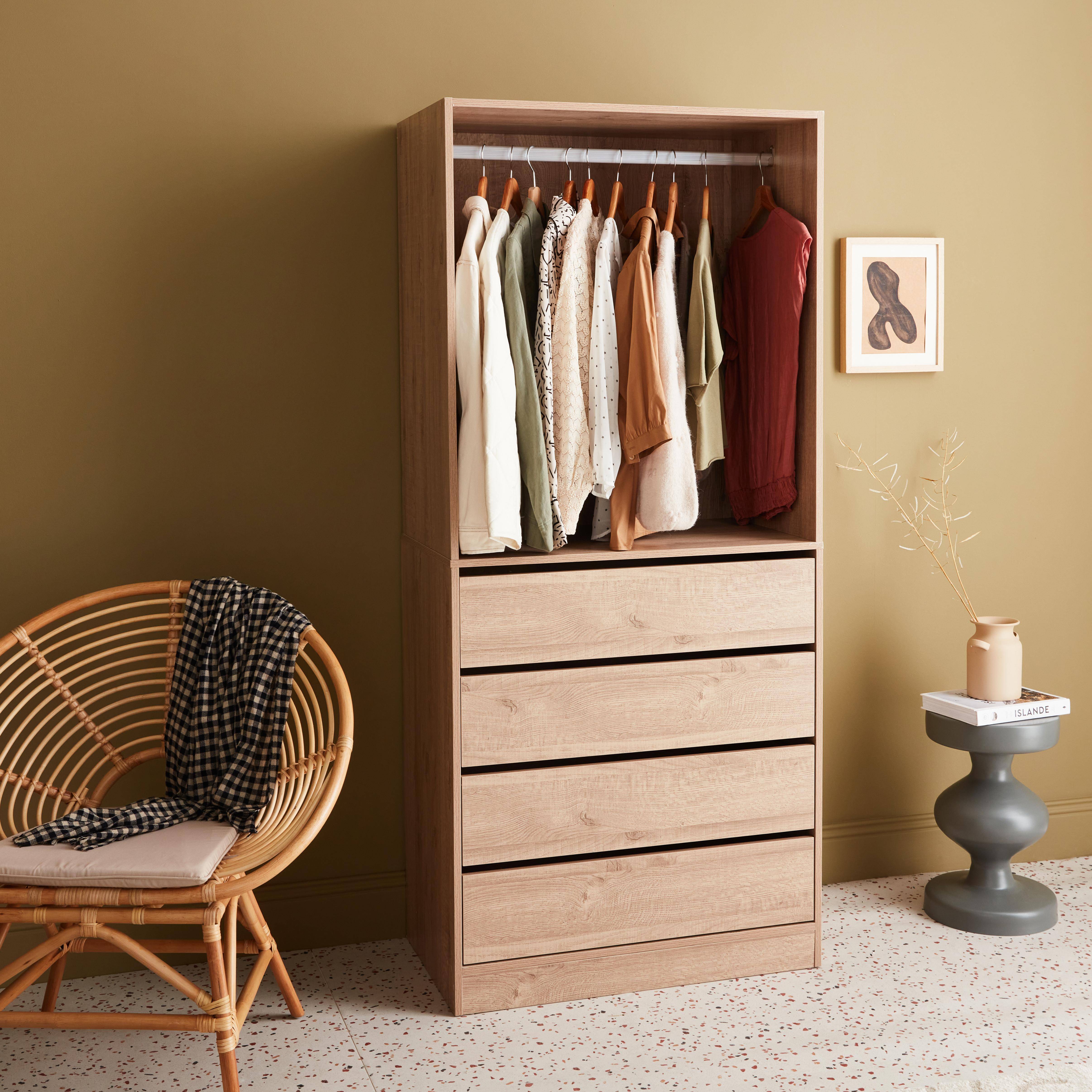 Modular open wardrobe drawer and rail unit, 60x45x180cm, Modulo, 4 drawers, 1 clothes rail, Natural Photo2