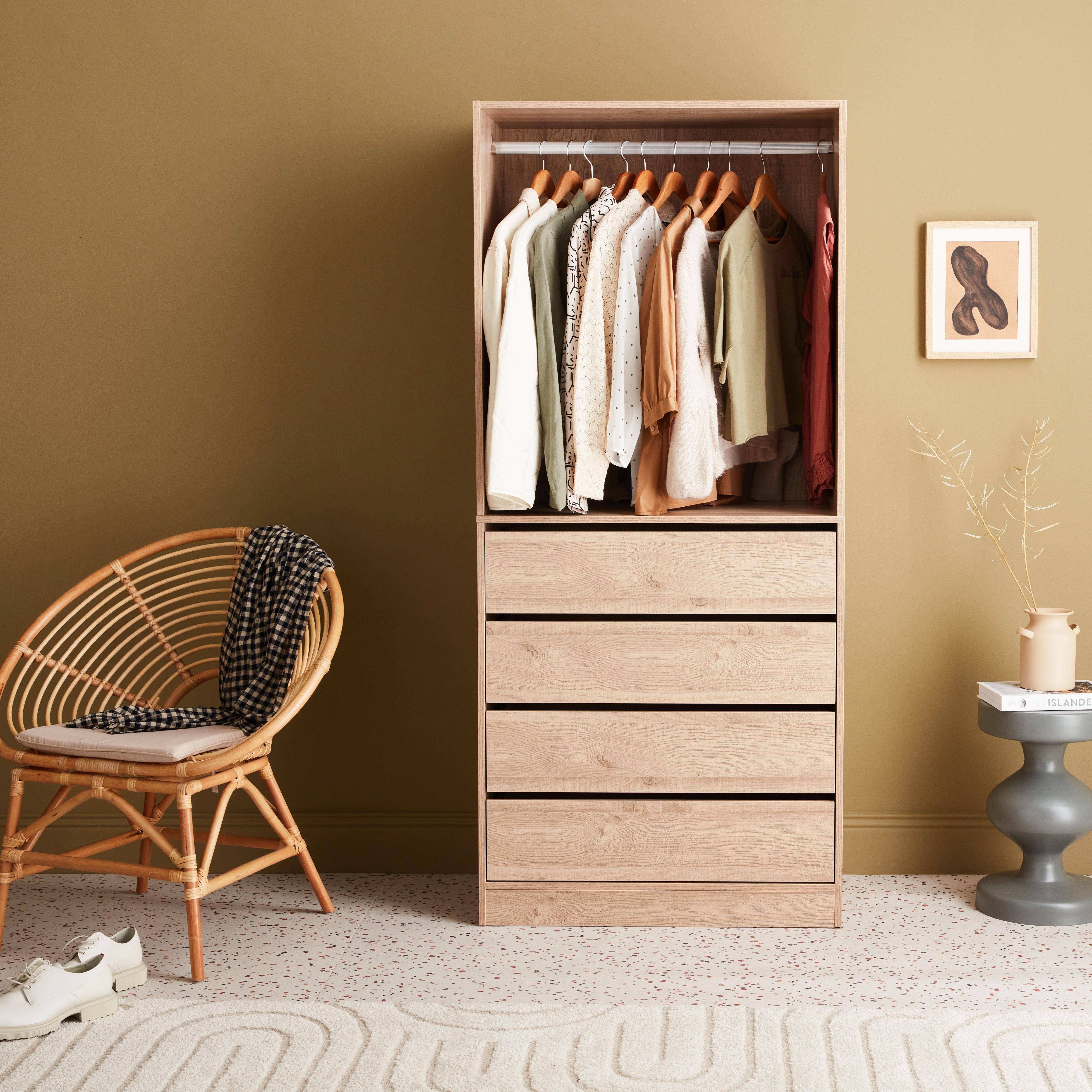 Modular open wardrobe drawer and rail unit, 60x45x180cm, Modulo, 4 drawers, 1 clothes rail, Natural Photo1