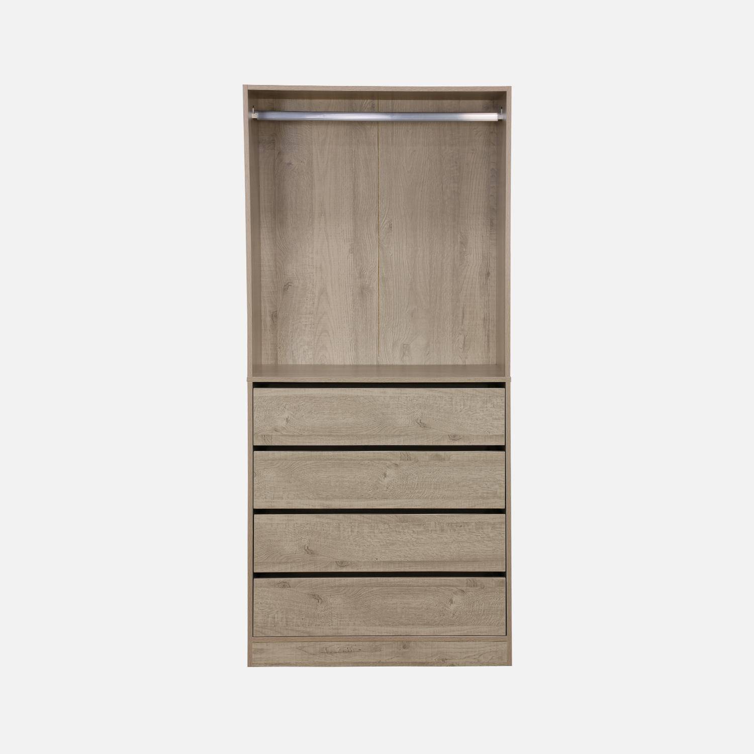 Modular open wardrobe drawer and rail unit, 60x45x180cm, Modulo, 4 drawers, 1 clothes rail, Natural Photo5