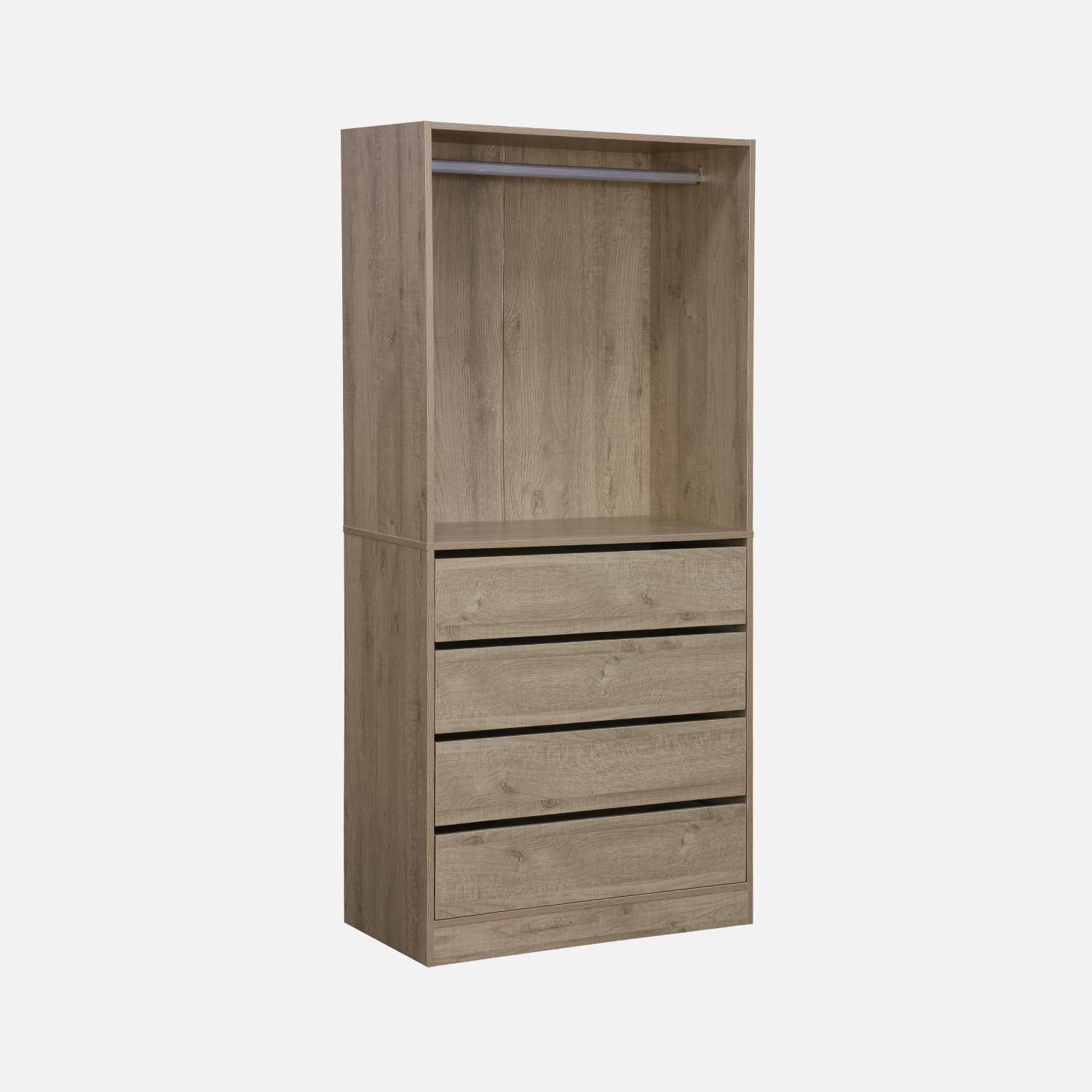 Modular open wardrobe drawer and rail unit, 60x45x180cm, Modulo, 4 drawers, 1 clothes rail, Natural Photo4