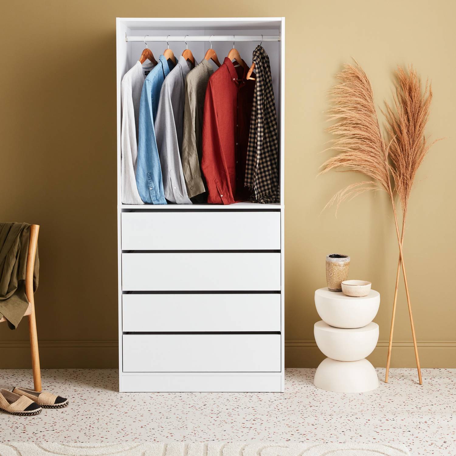 Modular open wardrobe drawer and rail unit, 80x45x180cm, Modulo, 4 drawers, 1 clothes rail, White Photo1
