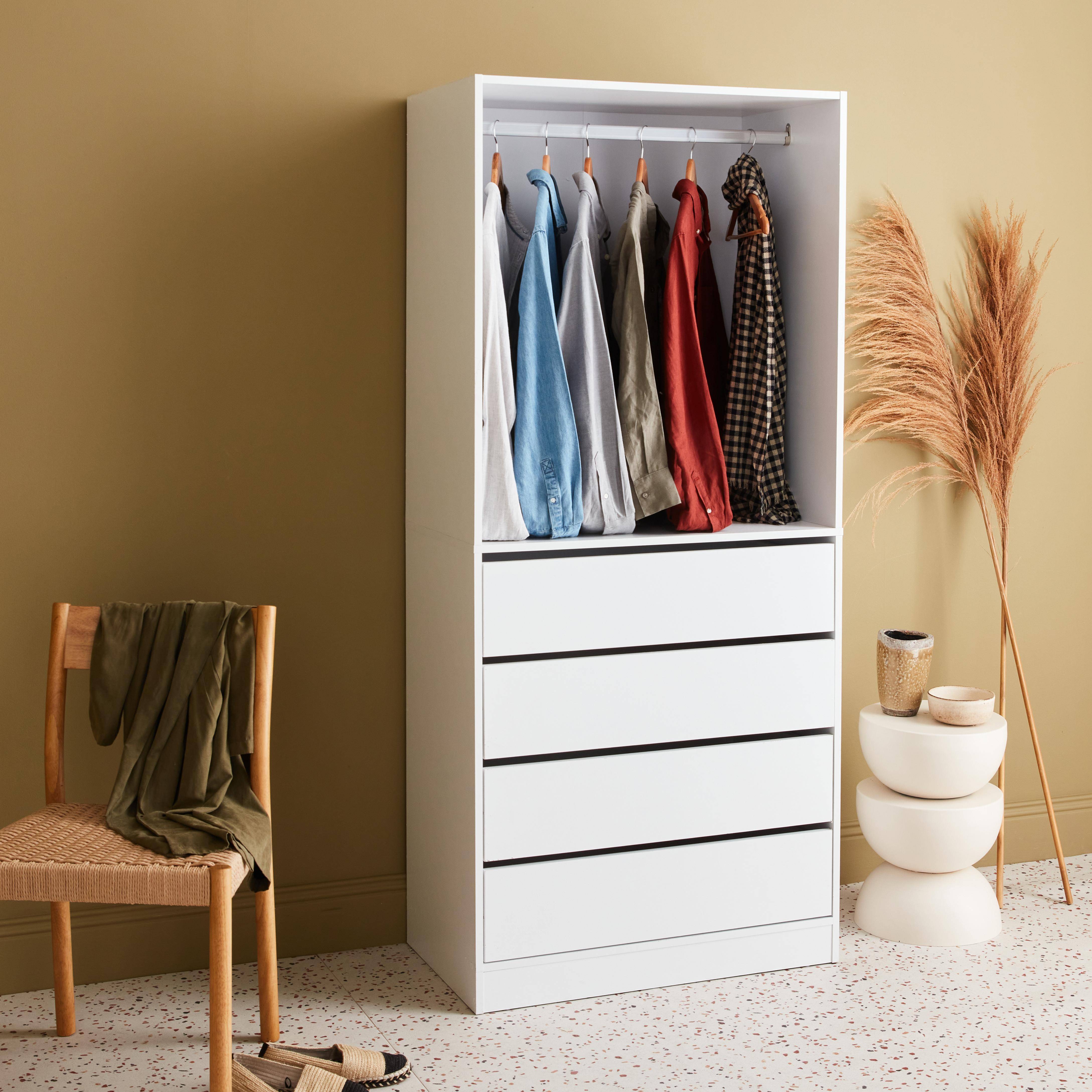Modular open wardrobe drawer and rail unit, 80x45x180cm, Modulo, 4 drawers, 1 clothes rail, White,sweeek,Photo2