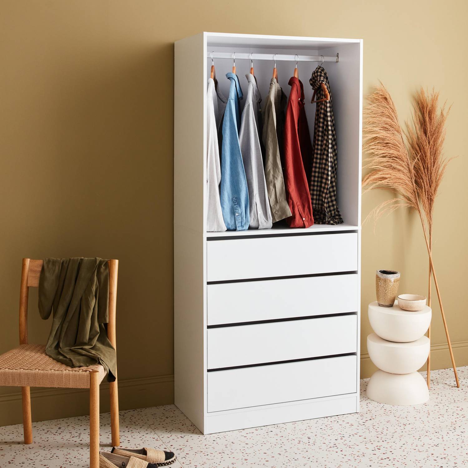 Modular open wardrobe drawer and rail unit, 80x45x180cm, Modulo, 4 drawers, 1 clothes rail, White Photo2