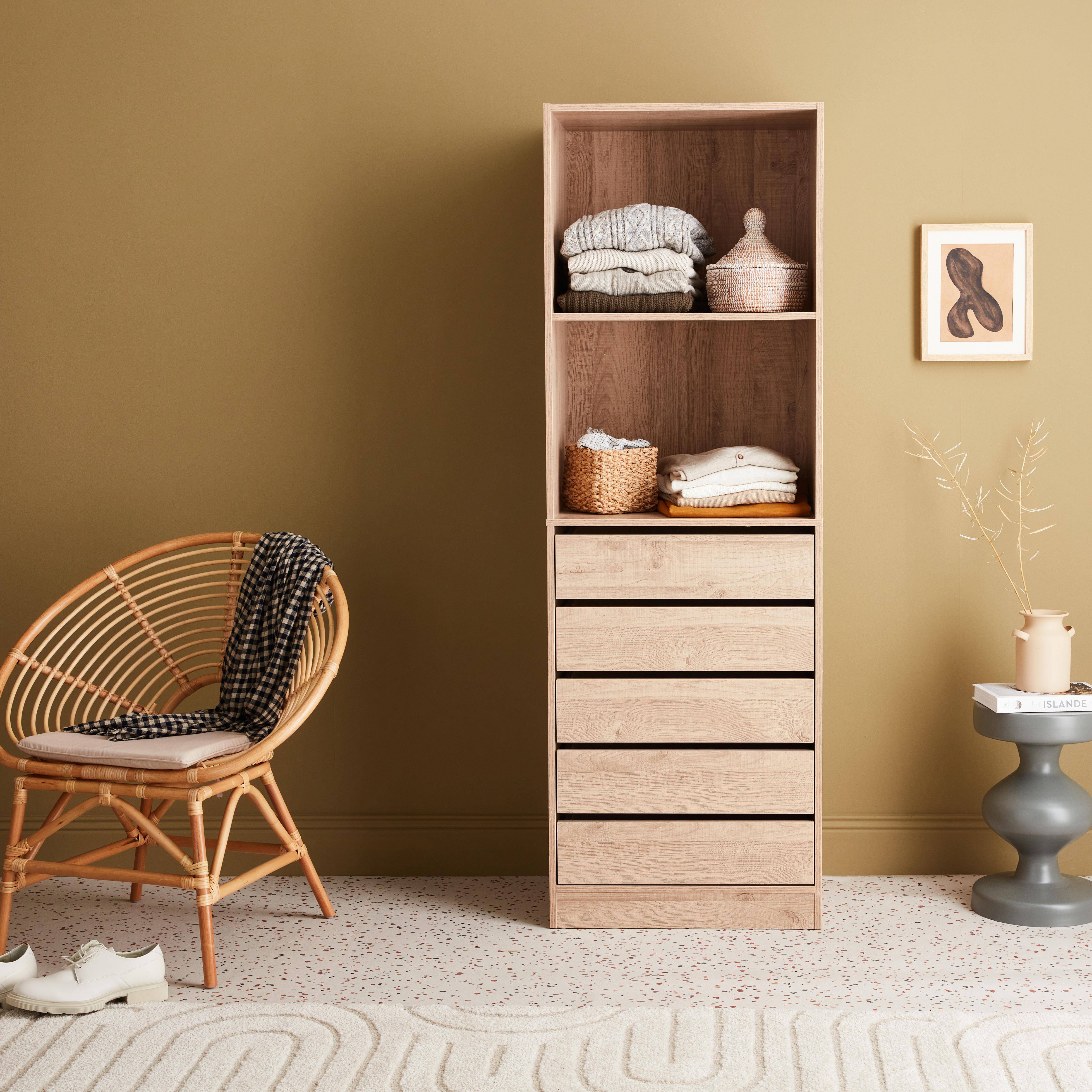Modular open wardrobe drawer and shelf unit, 60x45x180cm, Modulo, 5 drawers, 2 shelves, Natural,sweeek,Photo1