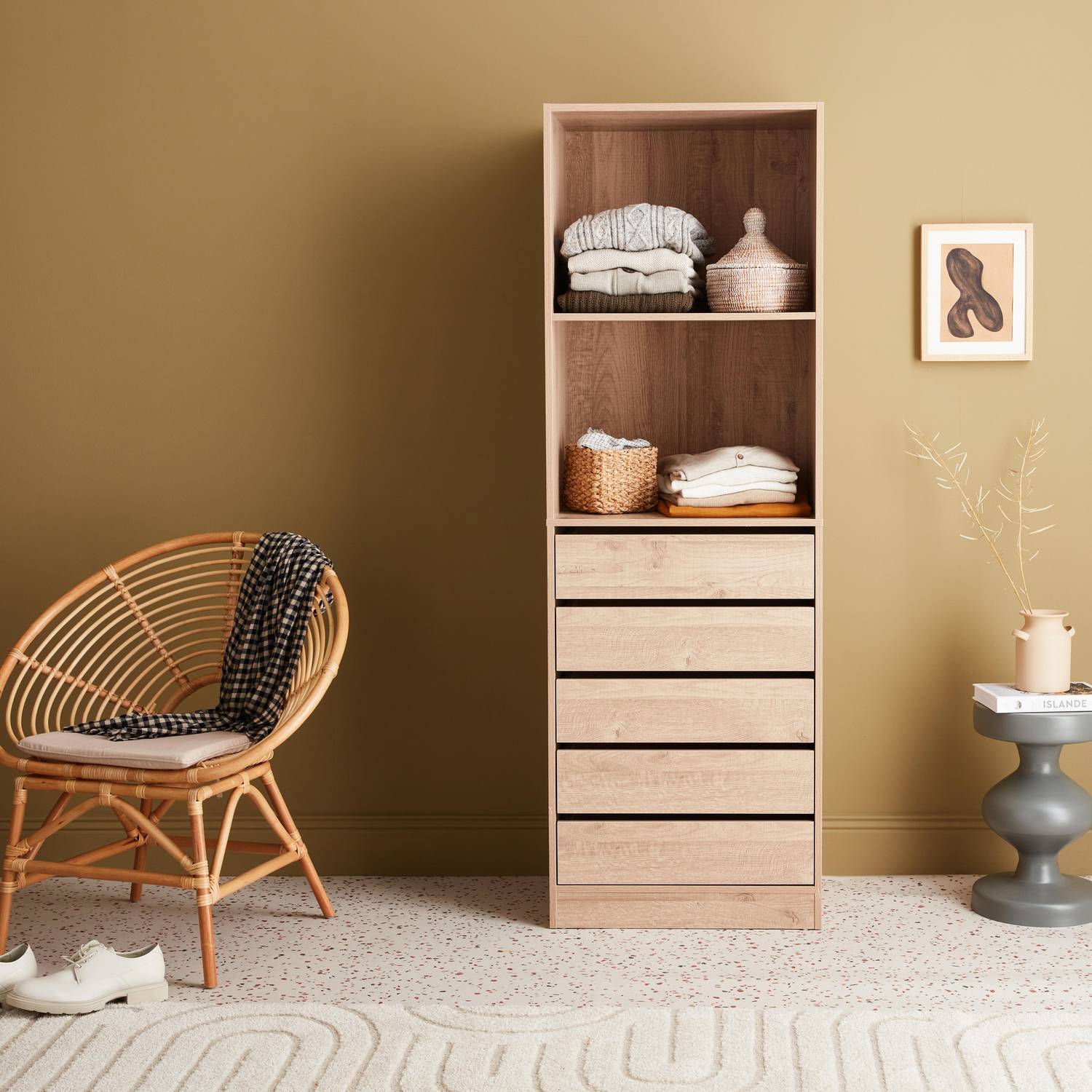 Modular open wardrobe drawer and shelf unit, 60x45x180cm, Modulo, 5 drawers, 2 shelves, Natural Photo1