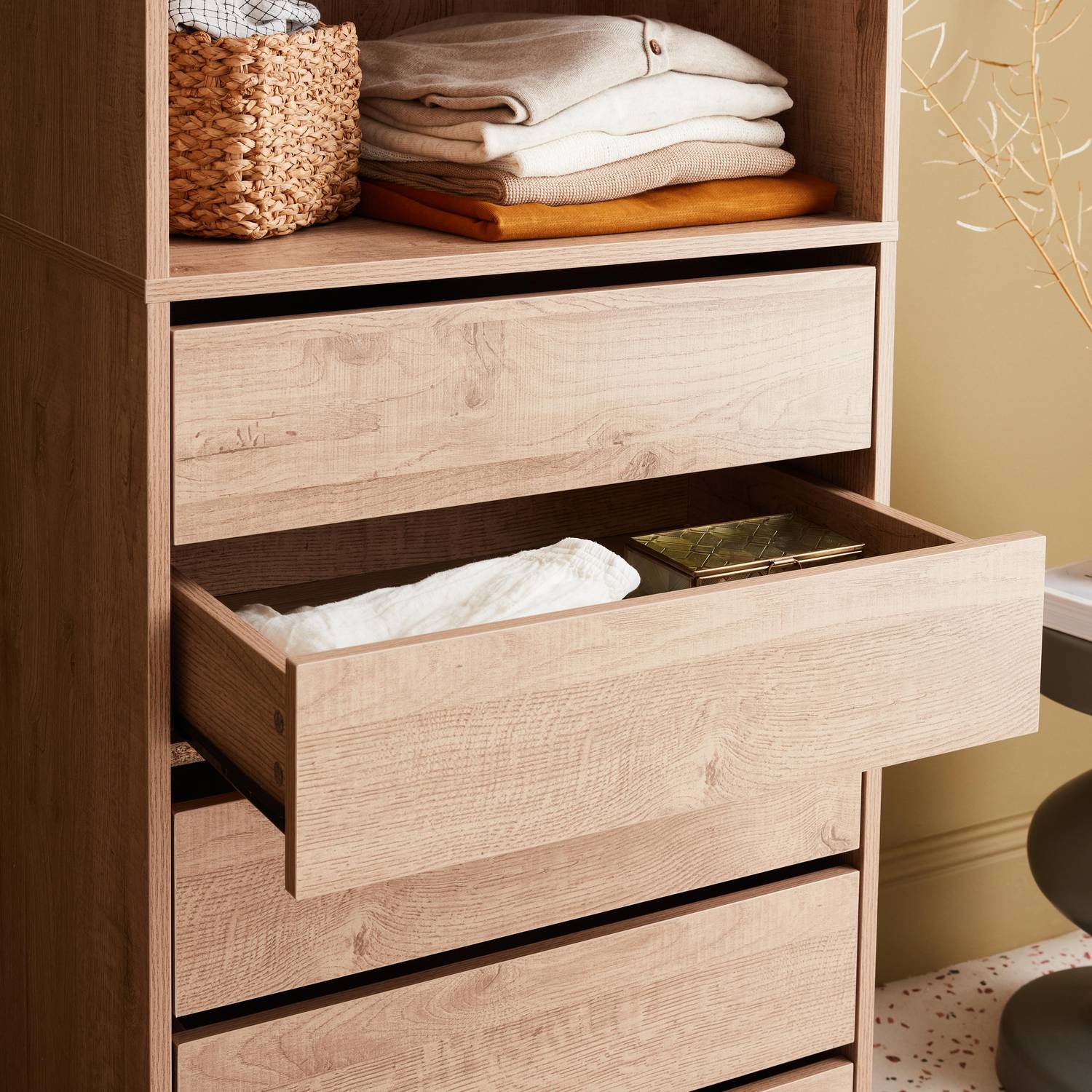 Modular open wardrobe drawer and shelf unit, 60x45x180cm, Modulo, 5 drawers, 2 shelves, Natural Photo2