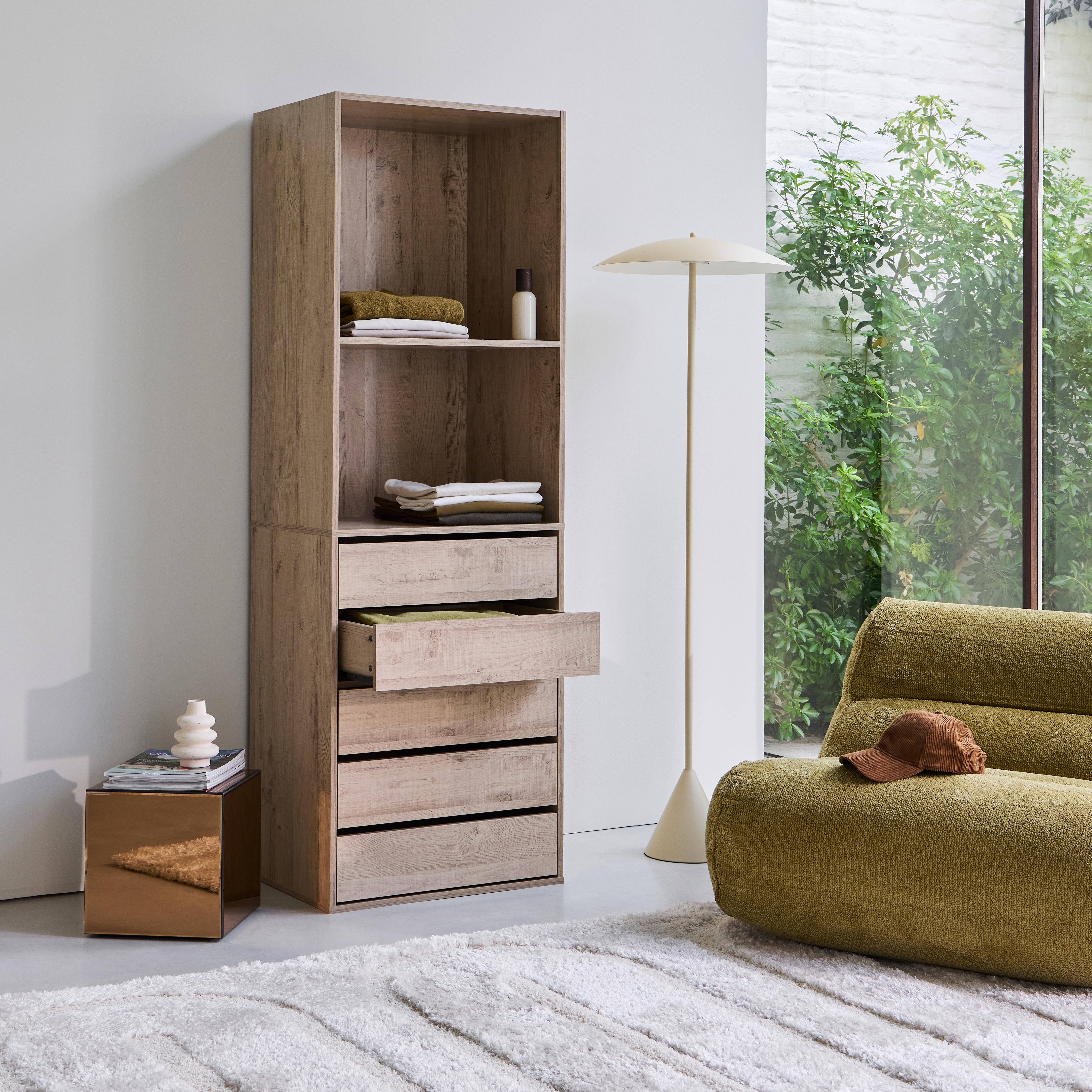 Ankleidemodul mit 5 Schubladen und 2 Regalen, naturfarben, Laminatpaneel,sweeek,Photo3