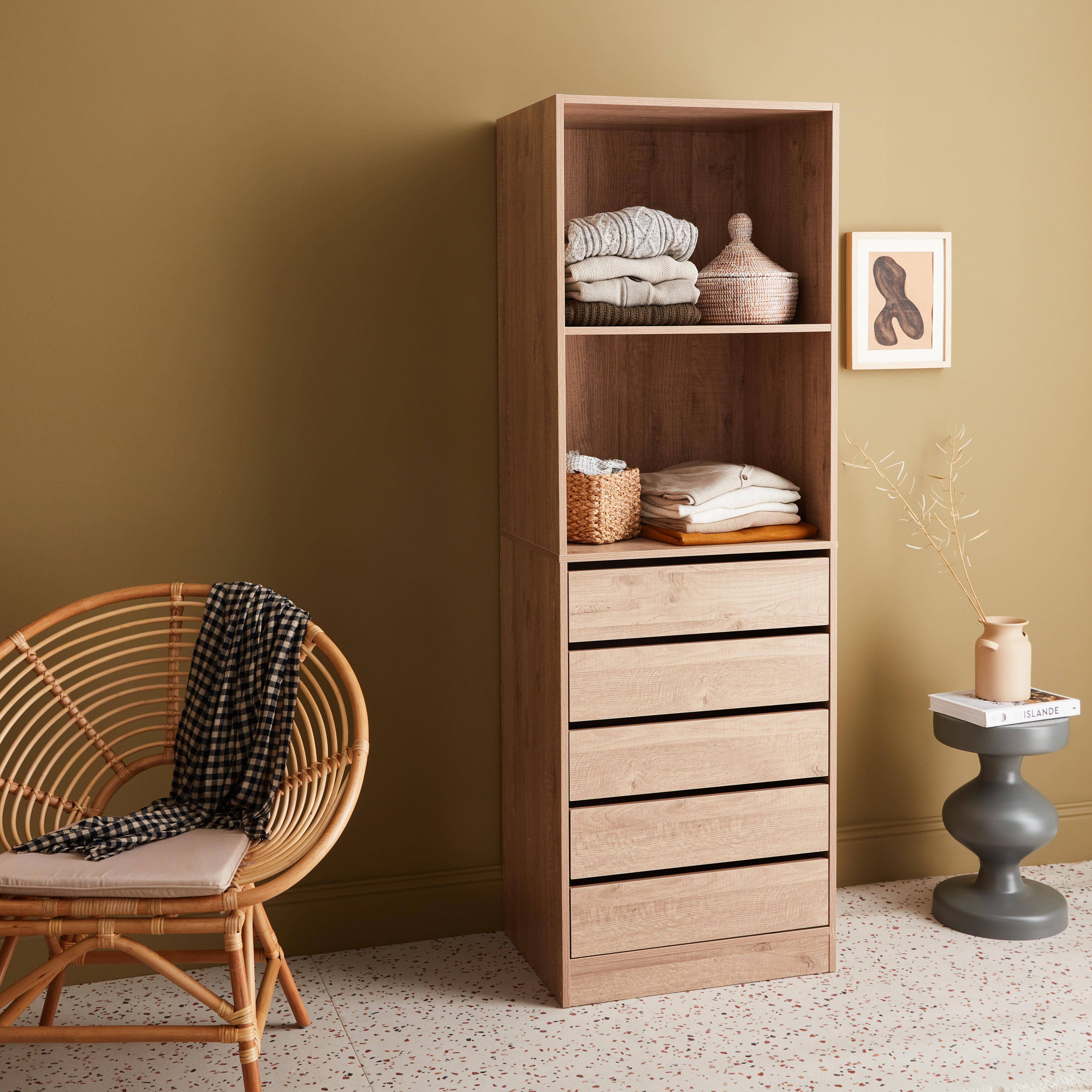 Modular open wardrobe drawer and shelf unit, 60x45x180cm, Modulo, 5 drawers, 2 shelves, Natural,sweeek,Photo3