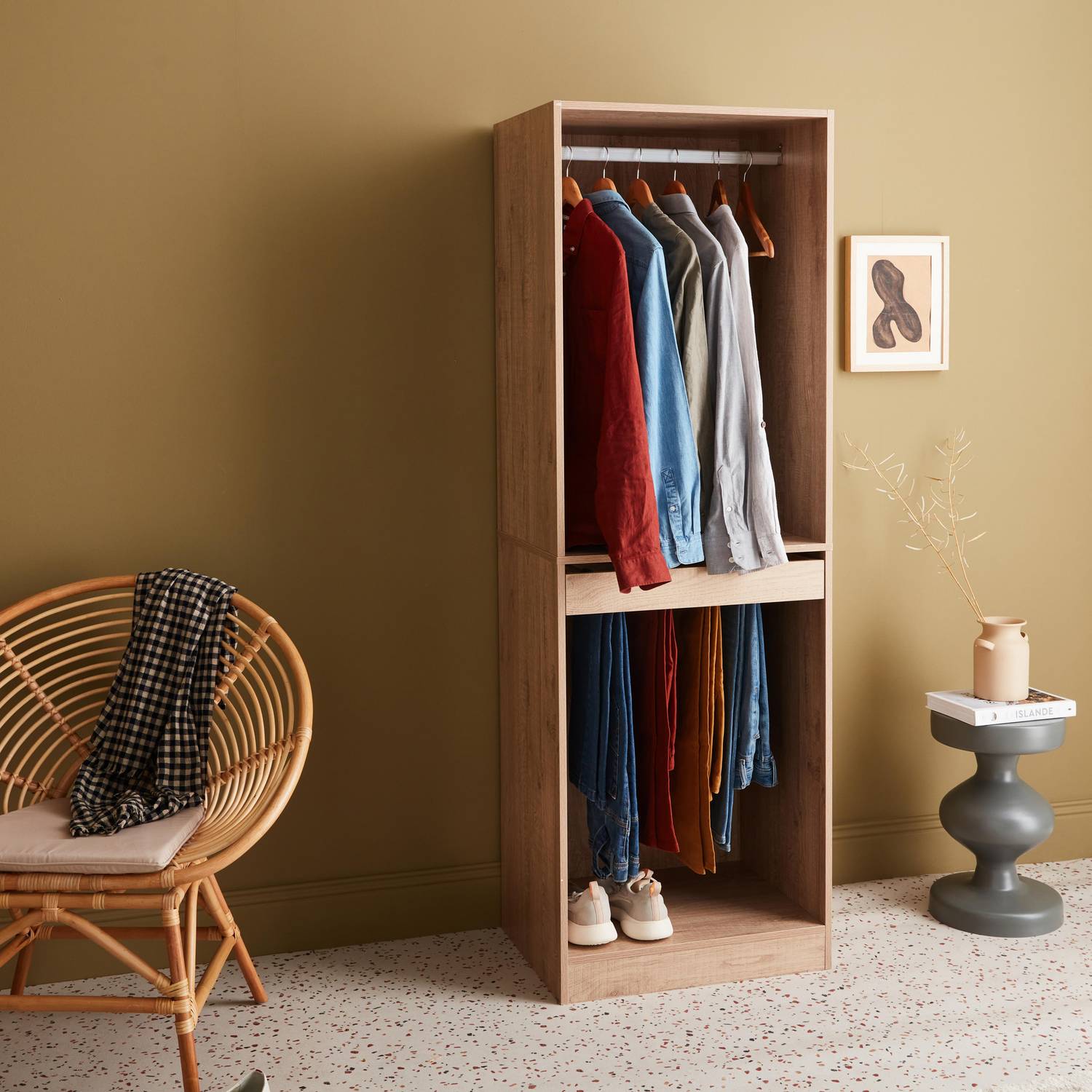Módulo armario con ropero y pantalonero, natural, paneles laminados Photo1