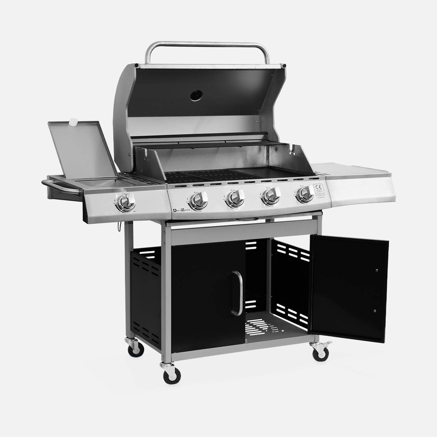 Barbecue gaz inox 17kW - Richelieu noir - Barbecue 5 brûleurs dont 1 feu latéral, côté grill et côté plancha Photo5