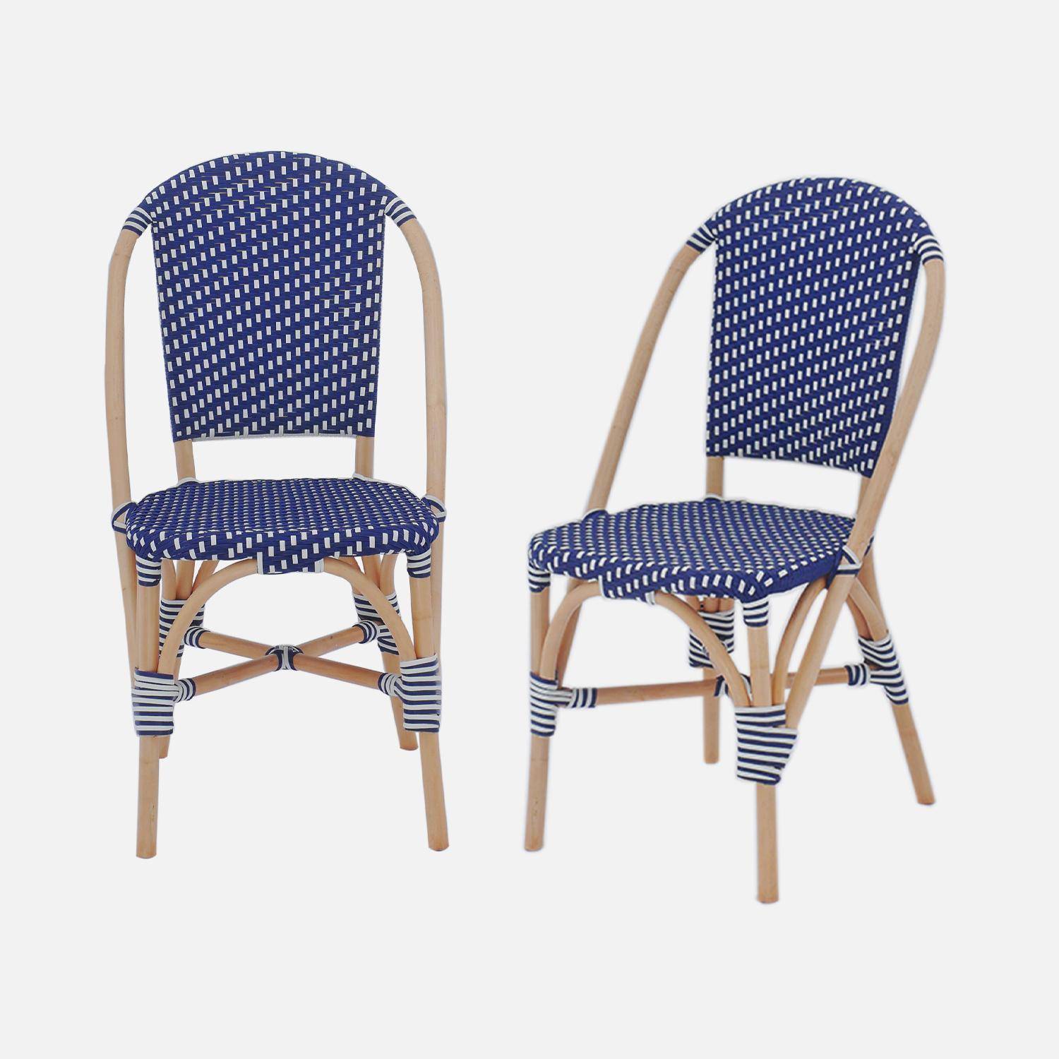 Lot de 2 chaises empilables bistrot en rotin et polyrotin bleu et blanc, L 48 x P 58 x H 90cm,sweeek,Photo3