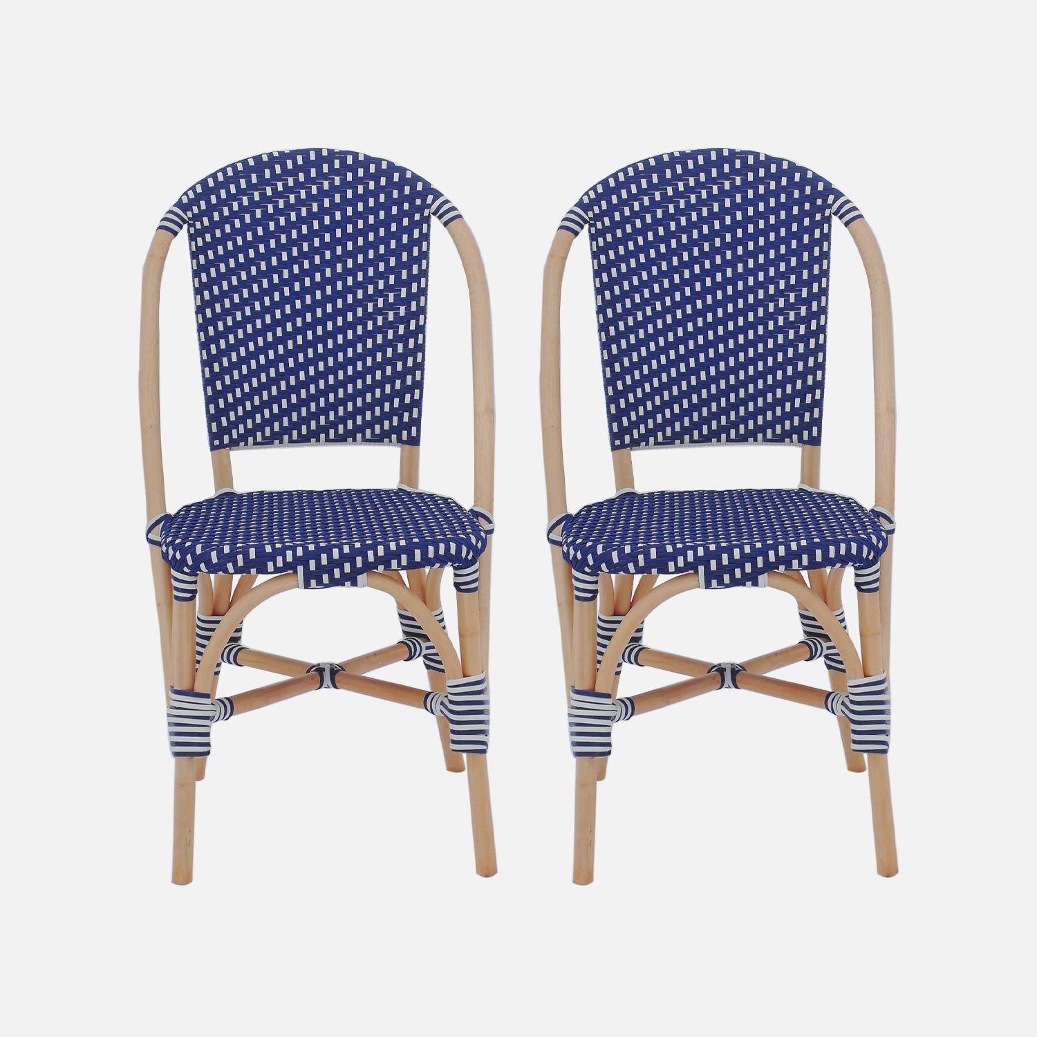 Lot de 2 chaises empilables bistrot en rotin et polyrotin bleu et blanc, L 48 x P 58 x H 90cm Photo4