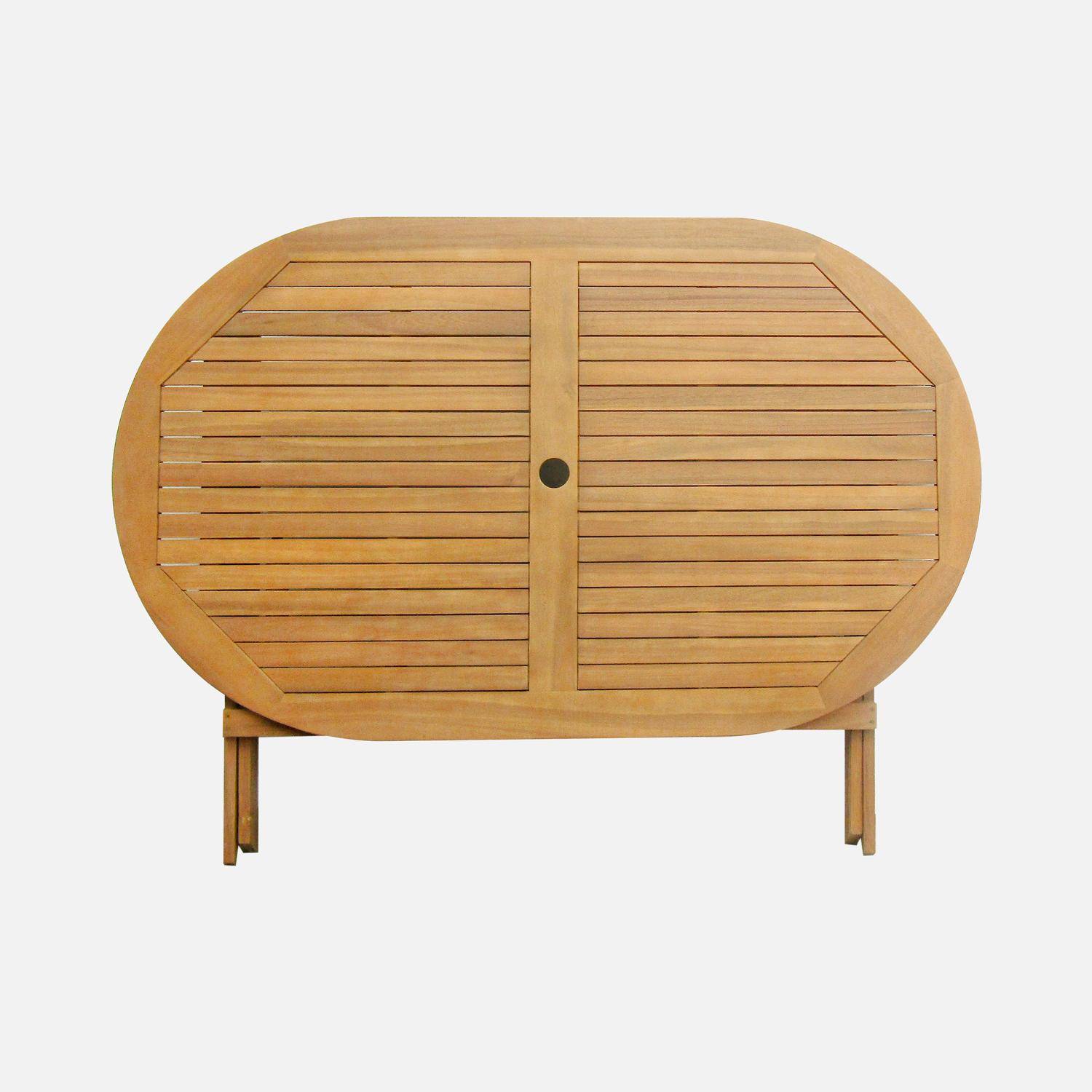 Mesa de jardim dobrável de 150 cm em madeira de acácia pré-oleada, forma oval com 6 cadeiras dobráveis Photo8