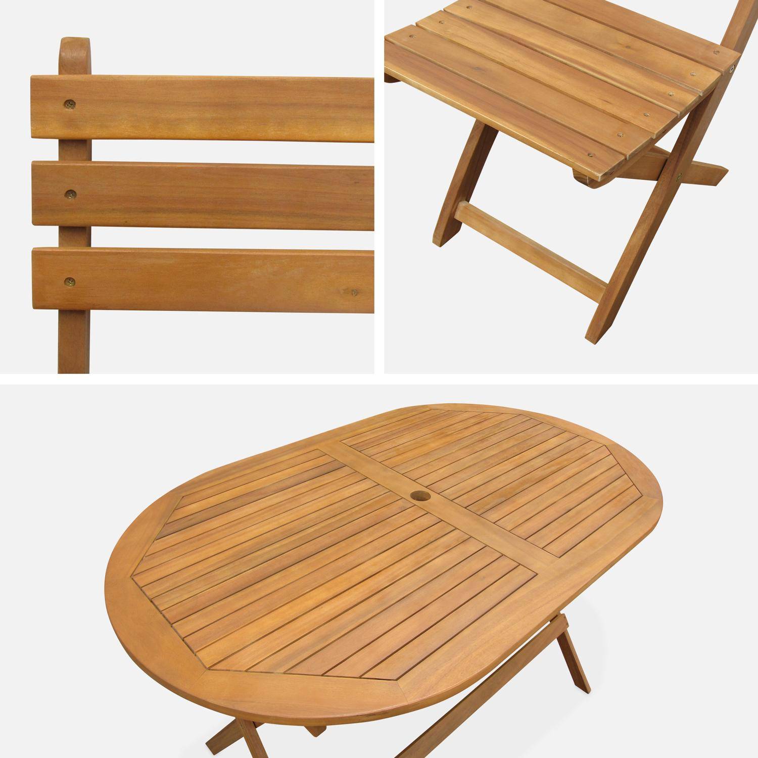 Tavolo da giardino pieghevole da 150 cm in legno di acacia pre-oliato, forma ovale con 6 sedie pieghevoli Photo6