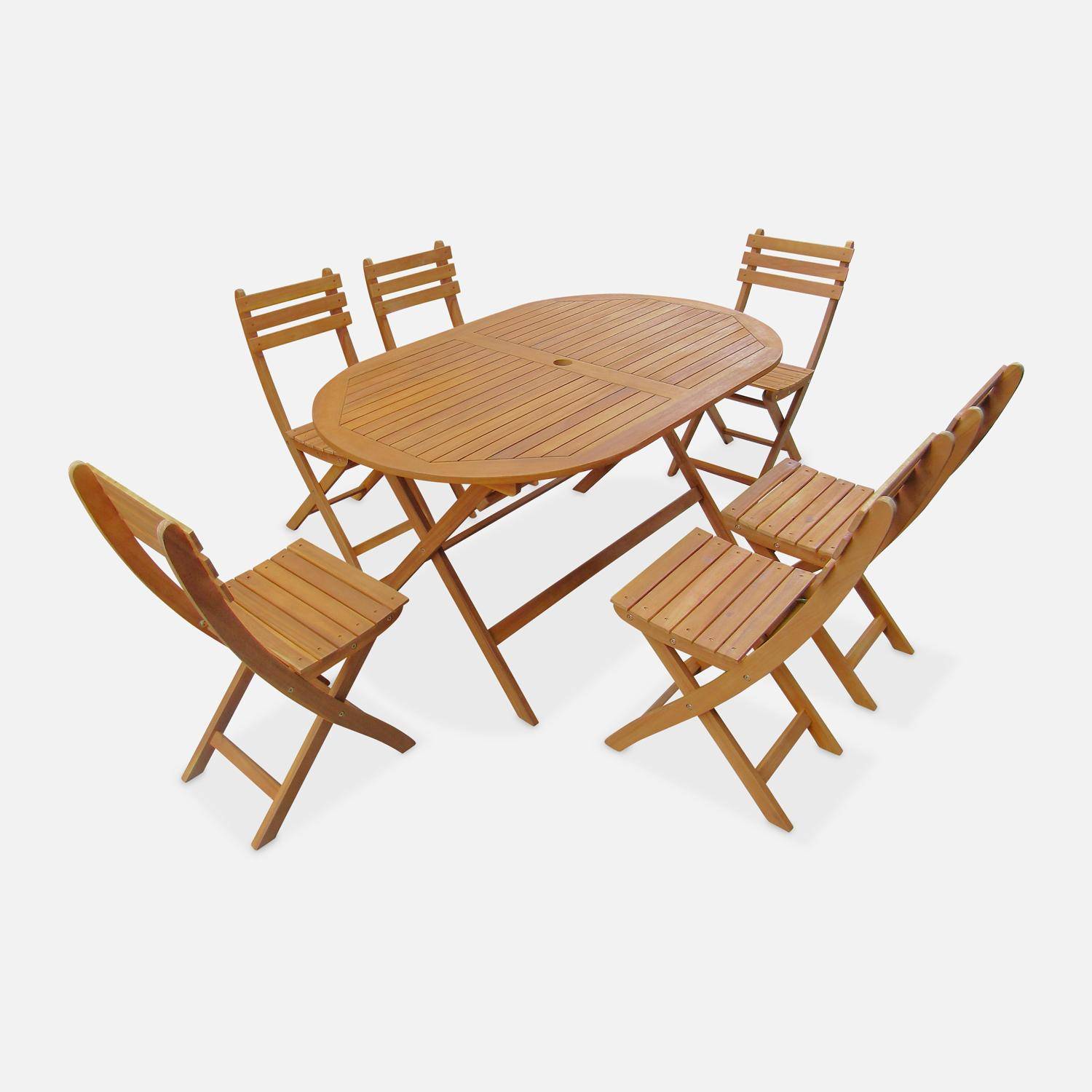 Mesa de jardim dobrável de 150 cm em madeira de acácia pré-oleada, forma oval com 6 cadeiras dobráveis Photo3