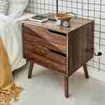 Mesa de cabeceira em madeira tingida de nogueira, 2 gavetas, pés em pinho maciço Photo2
