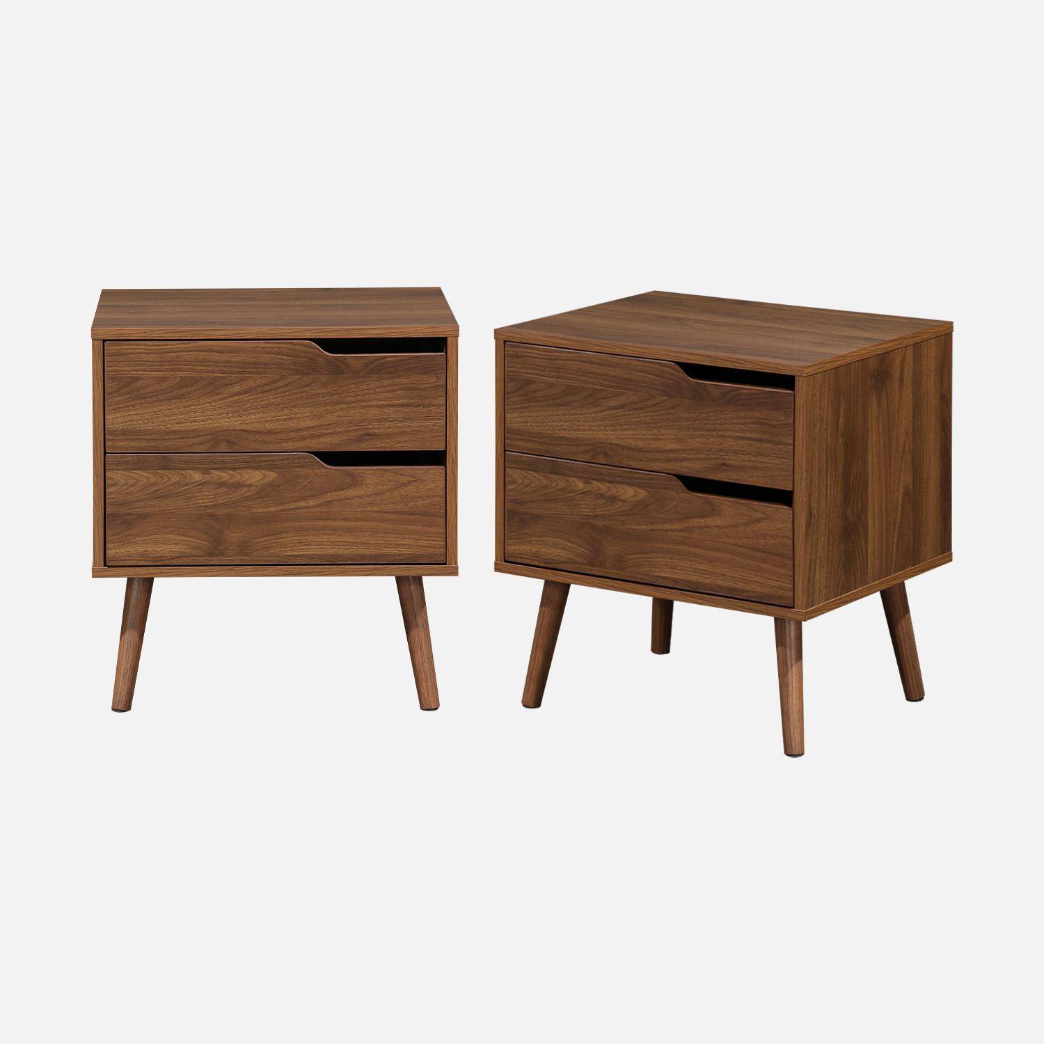 Pair of walnut wood-effect bedside tables, 50x40x55cm, Nepal, 2 drawers,sweeek,Photo4