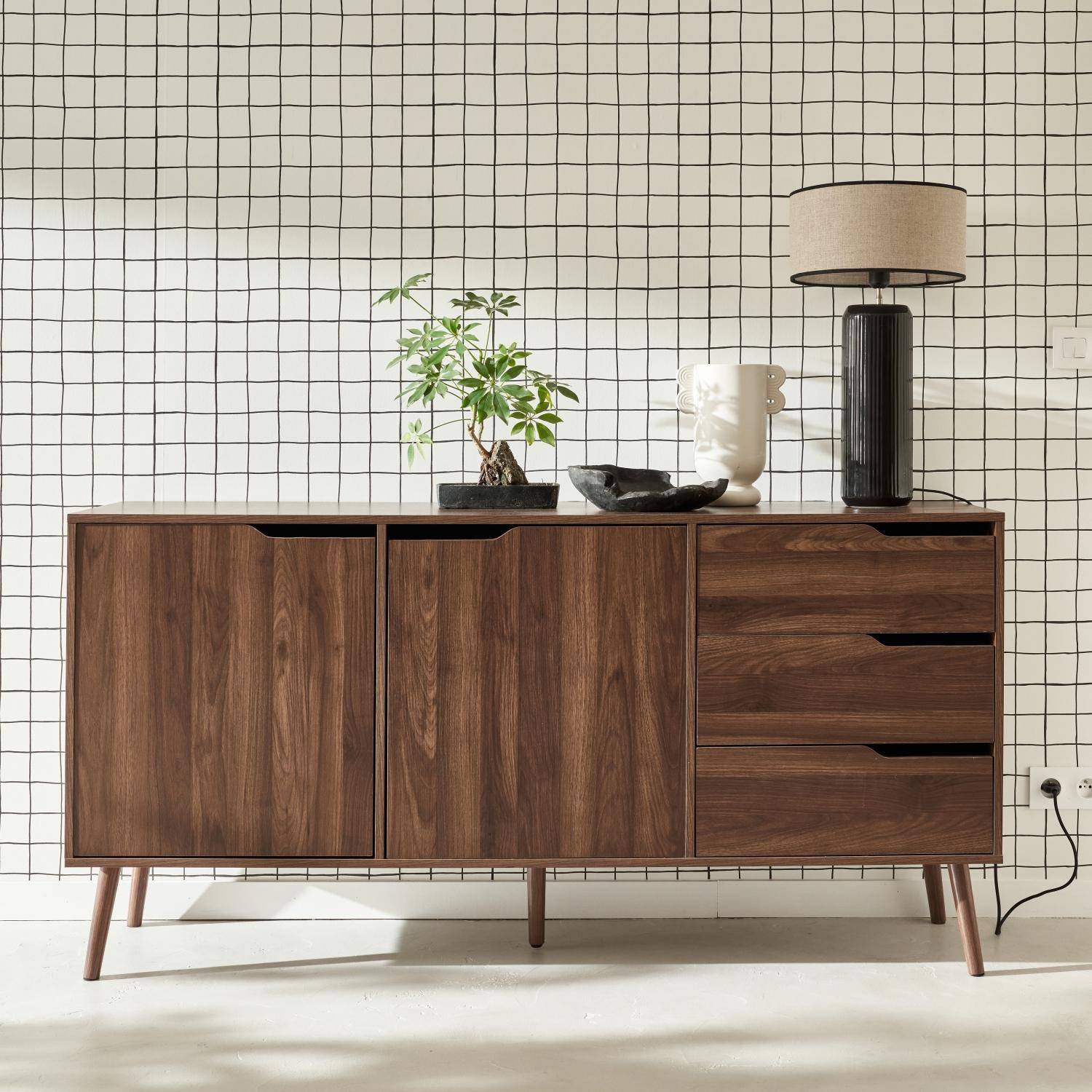Skandinavische Anrichte, 2 Türen, 3 Schubladen, Nussbaumdekor, 160cm Photo1