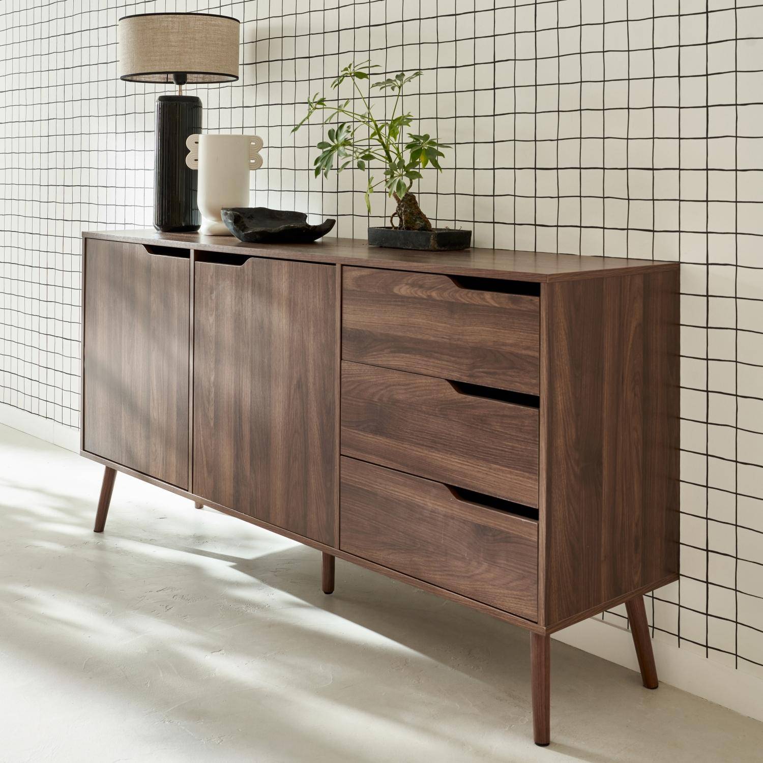 Skandinavische Anrichte, 2 Türen, 3 Schubladen, Nussbaumdekor, 160cm Photo2