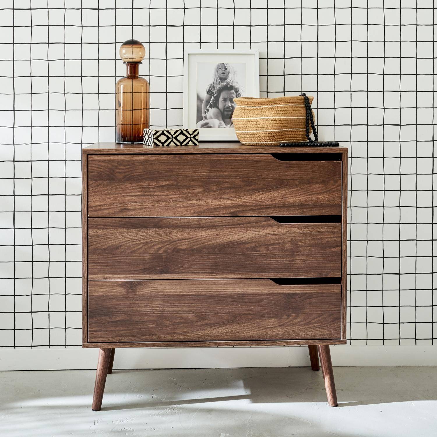 Commode décor bois de noyer, 3 tiroirs, pieds en pin massif Photo1