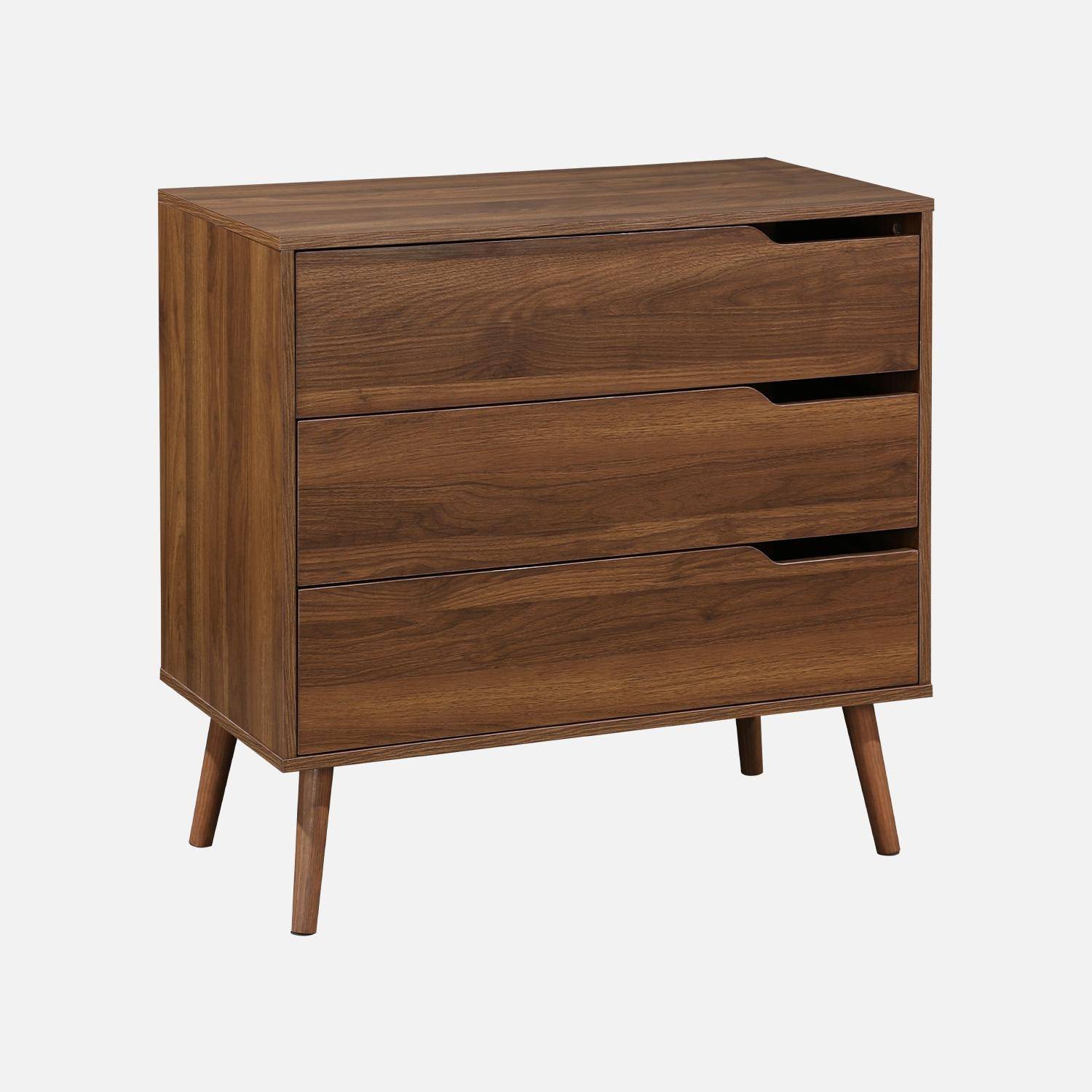 Commode décor bois de noyer, 3 tiroirs, pieds en pin massif Photo3