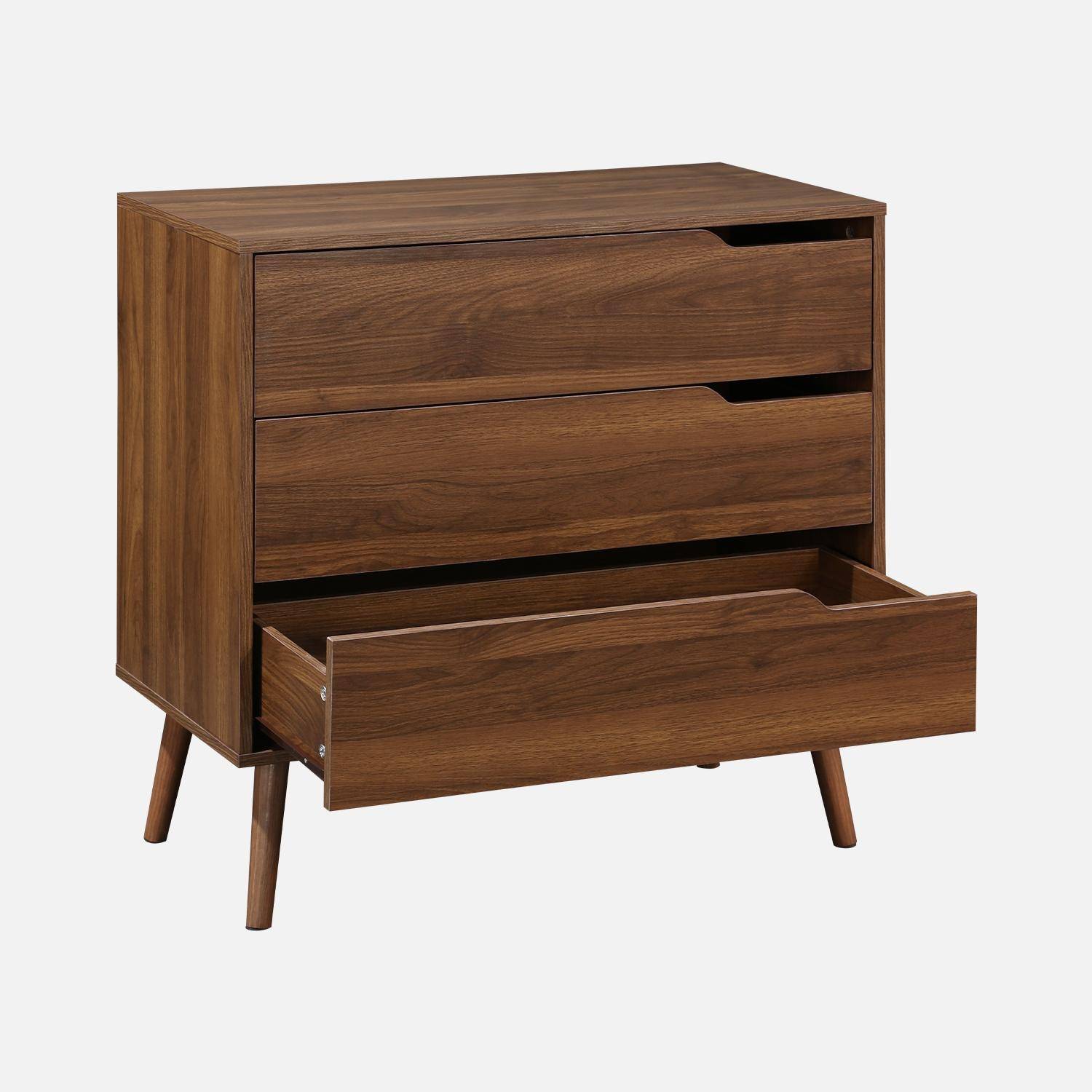 Commode décor bois de noyer, 3 tiroirs, pieds en pin massif,sweeek,Photo4