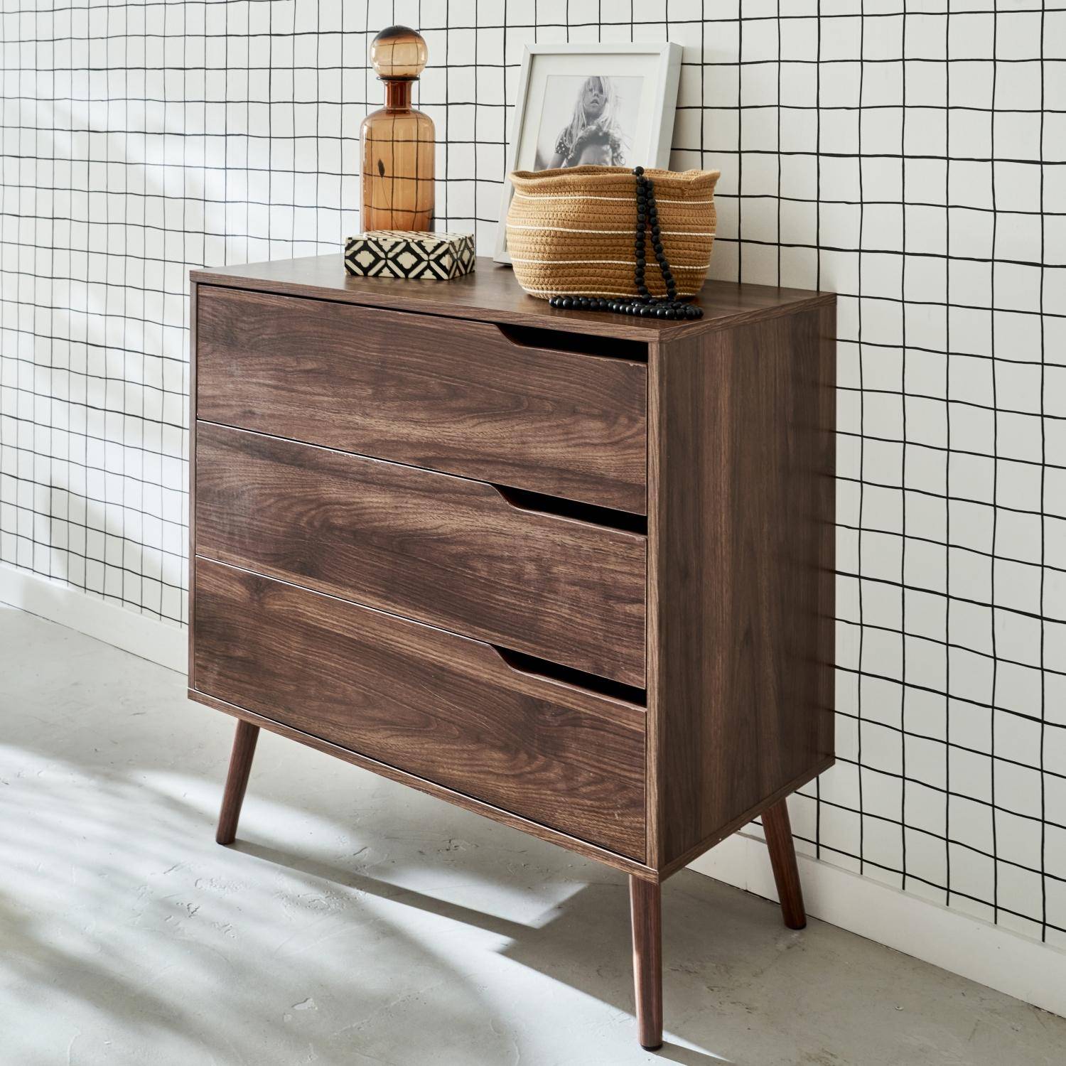 Commode décor bois de noyer, 3 tiroirs, pieds en pin massif Photo2