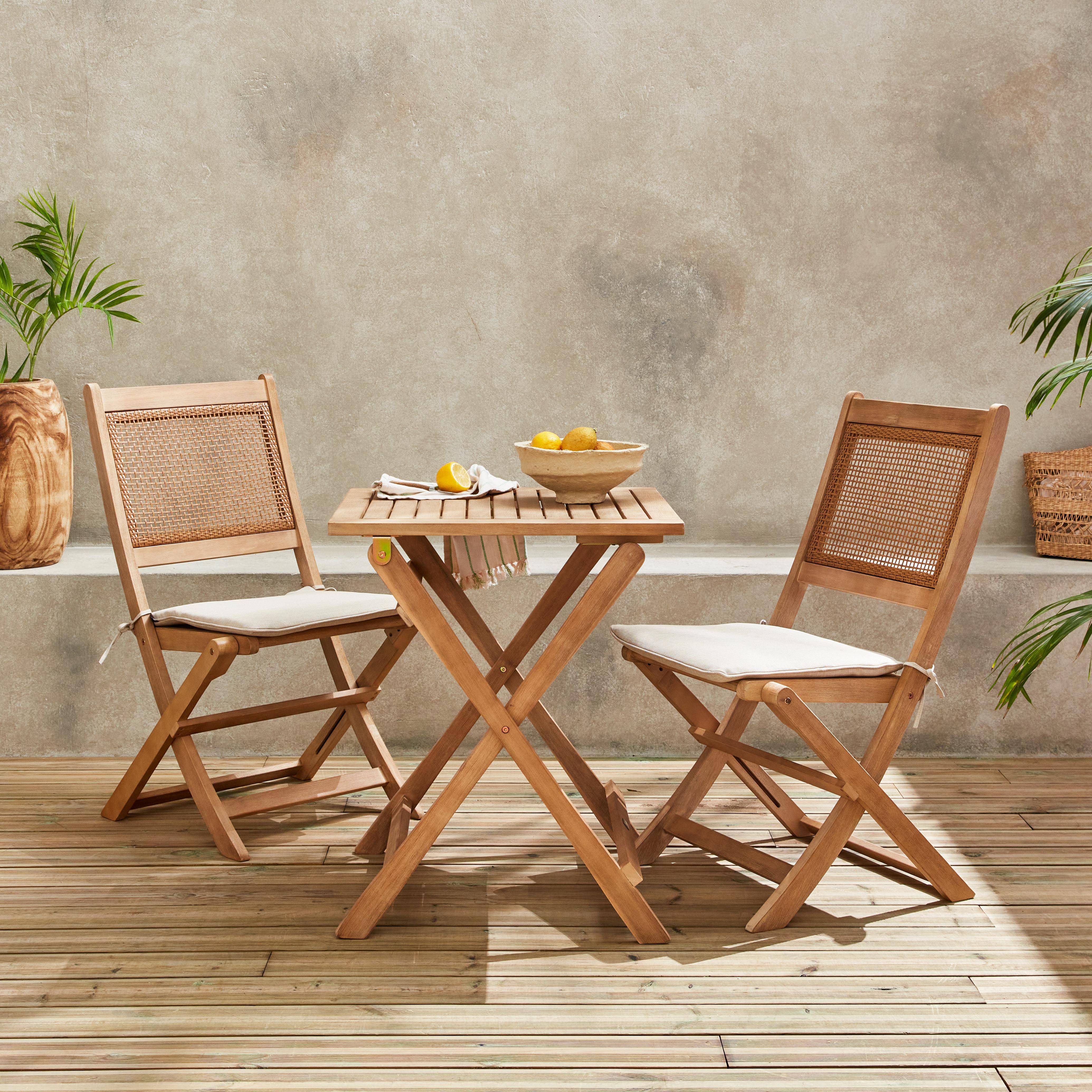 Mesa de jardín bistro con asiento cuadrado de caña para 2, madera de acacia FSC cepillada clara, 1 mesa, 2 sillas 60x60x72 cm,sweeek,Photo1