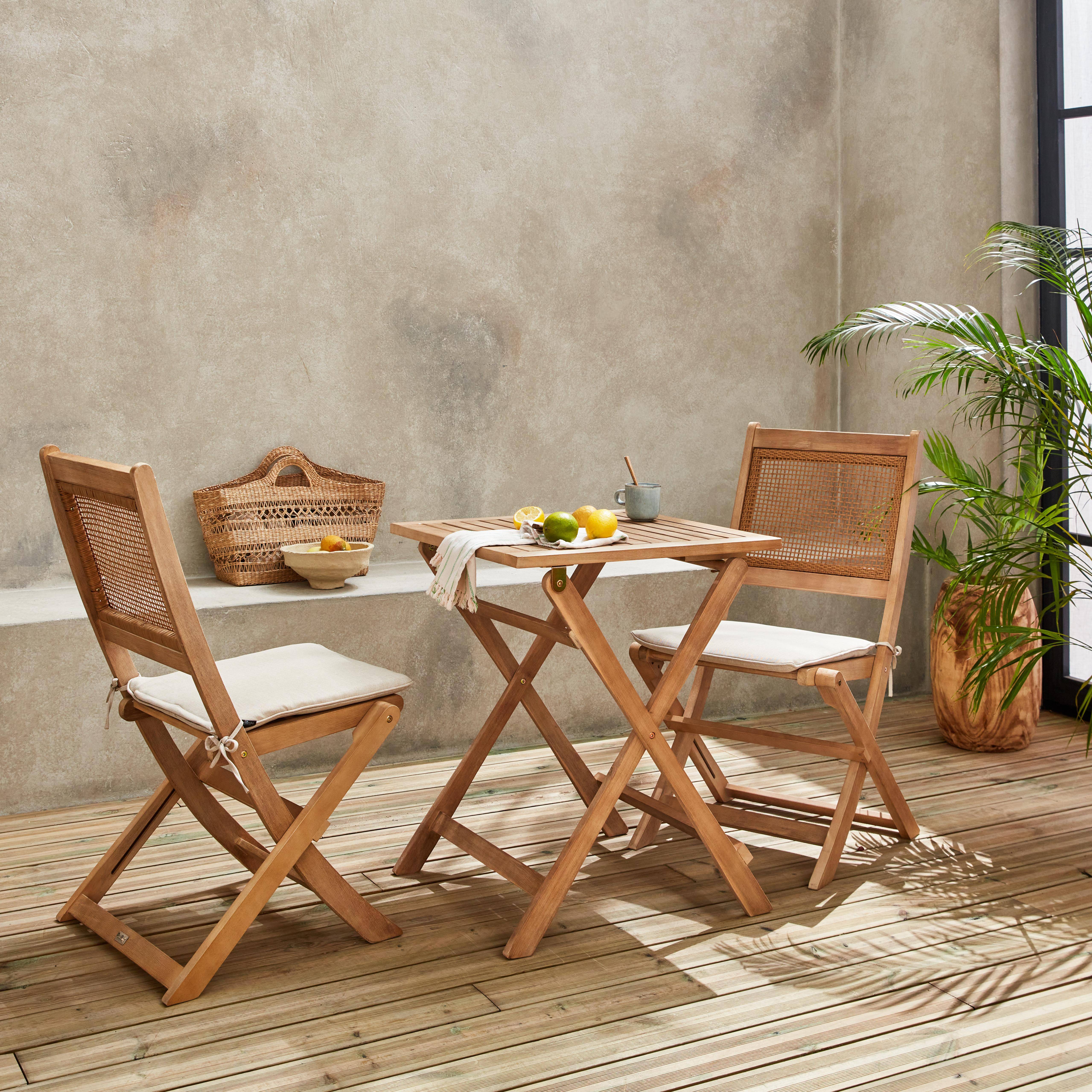 Mesa de jardín bistro con asiento cuadrado de caña para 2, madera de acacia FSC cepillada clara, 1 mesa, 2 sillas 60x60x72 cm,sweeek,Photo3