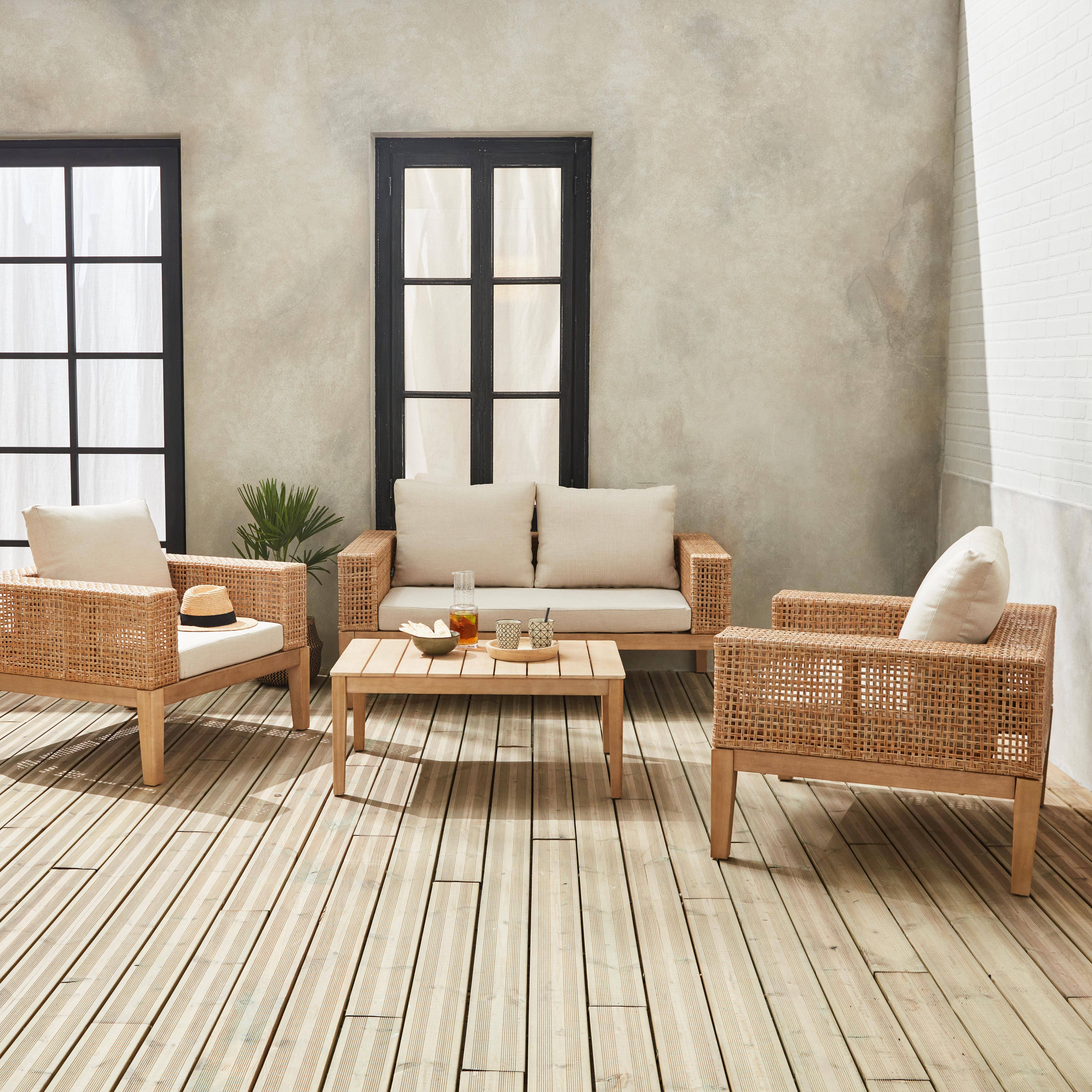 Gartenmöbel Olinda, Rohrgeflecht und Holz, 4-Sitzer, beige, FSC Akazienholz, gebürstet, gebleicht,sweeek,Photo1