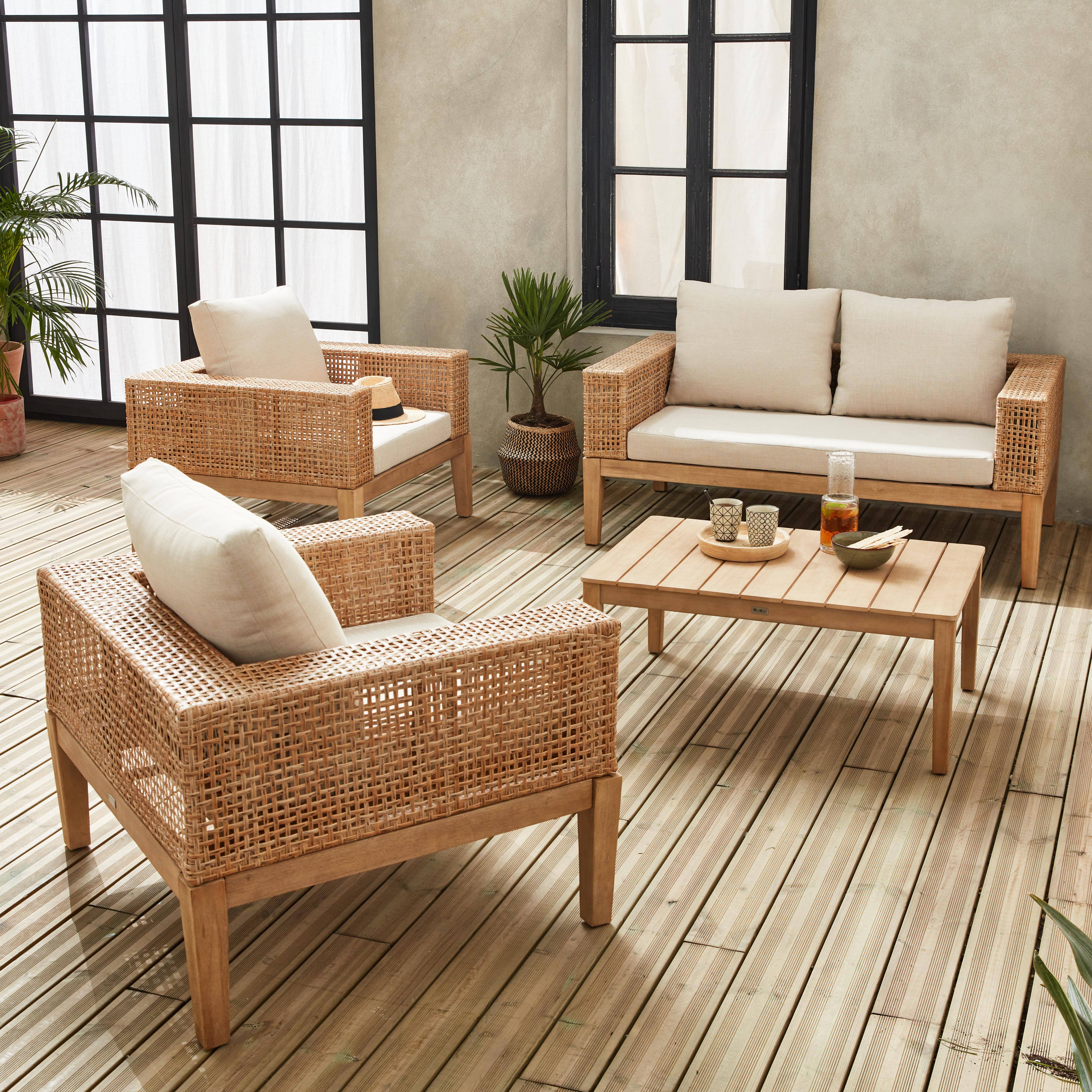 Gartenmöbel Olinda, Rohrgeflecht und Holz, 4-Sitzer, beige, FSC Akazienholz, gebürstet, gebleicht,sweeek,Photo2