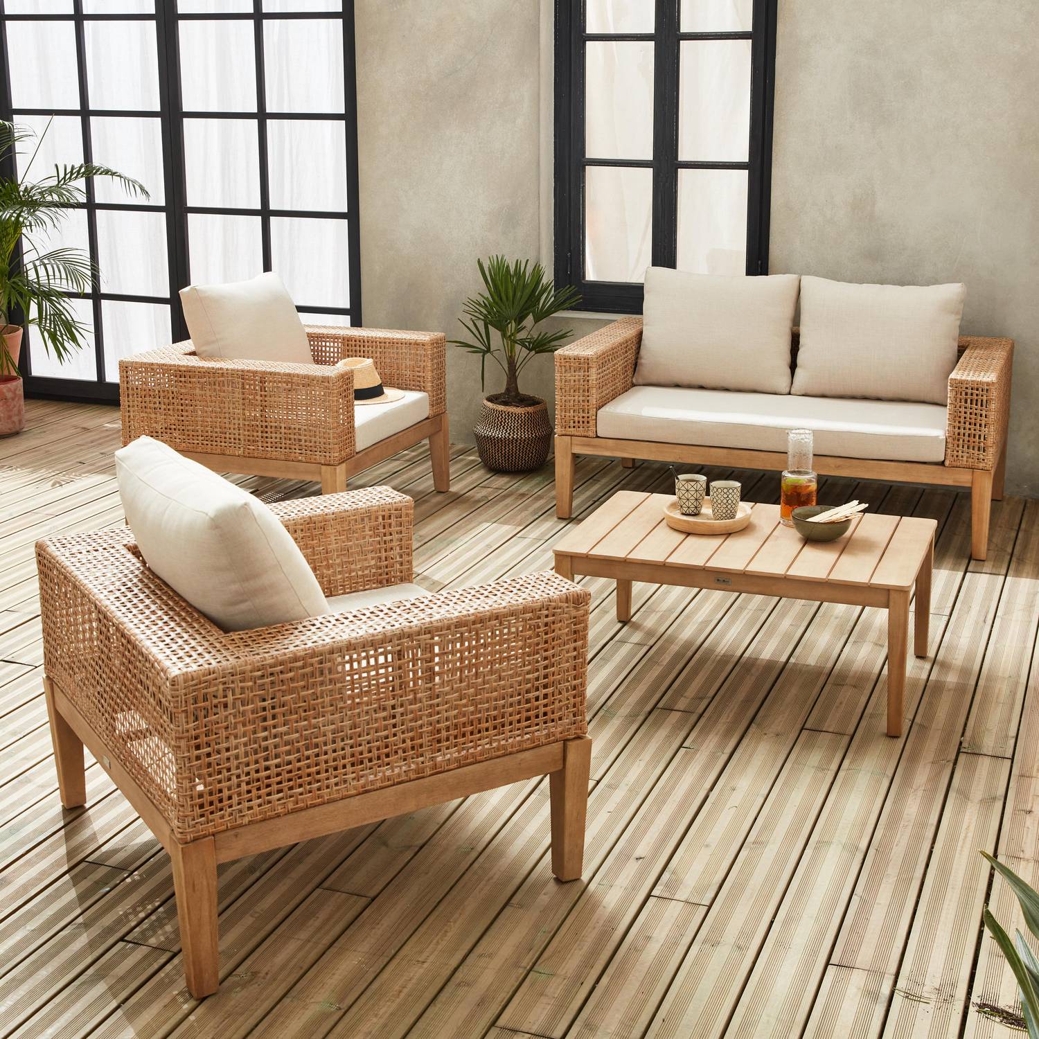 Gartenmöbel Olinda, Rohrgeflecht und Holz, 4-Sitzer, beige, FSC Akazienholz, gebürstet, gebleicht Photo2