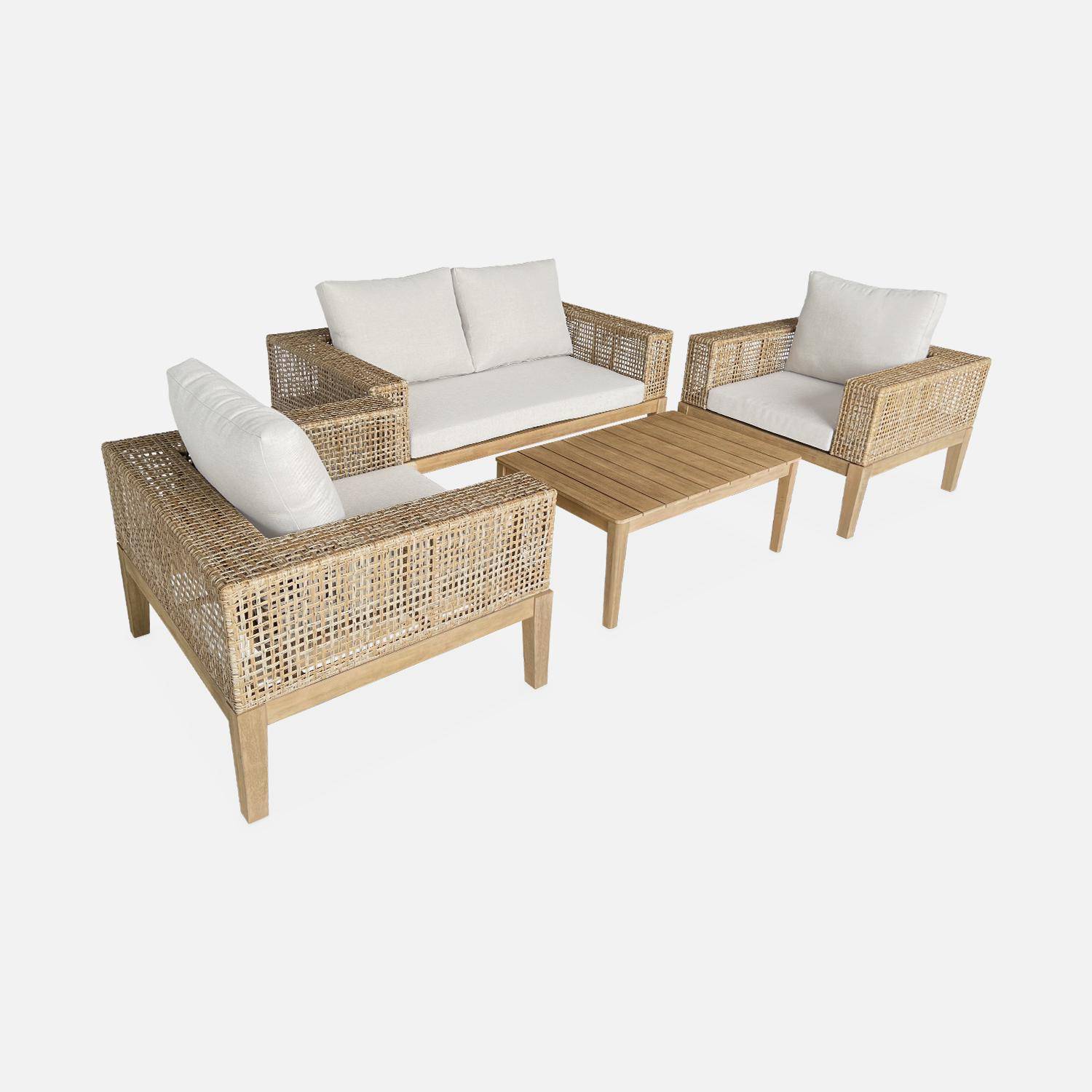 Gartenmöbel Olinda, Rohrgeflecht und Holz, 4-Sitzer, beige, FSC Akazienholz, gebürstet, gebleicht,sweeek,Photo3