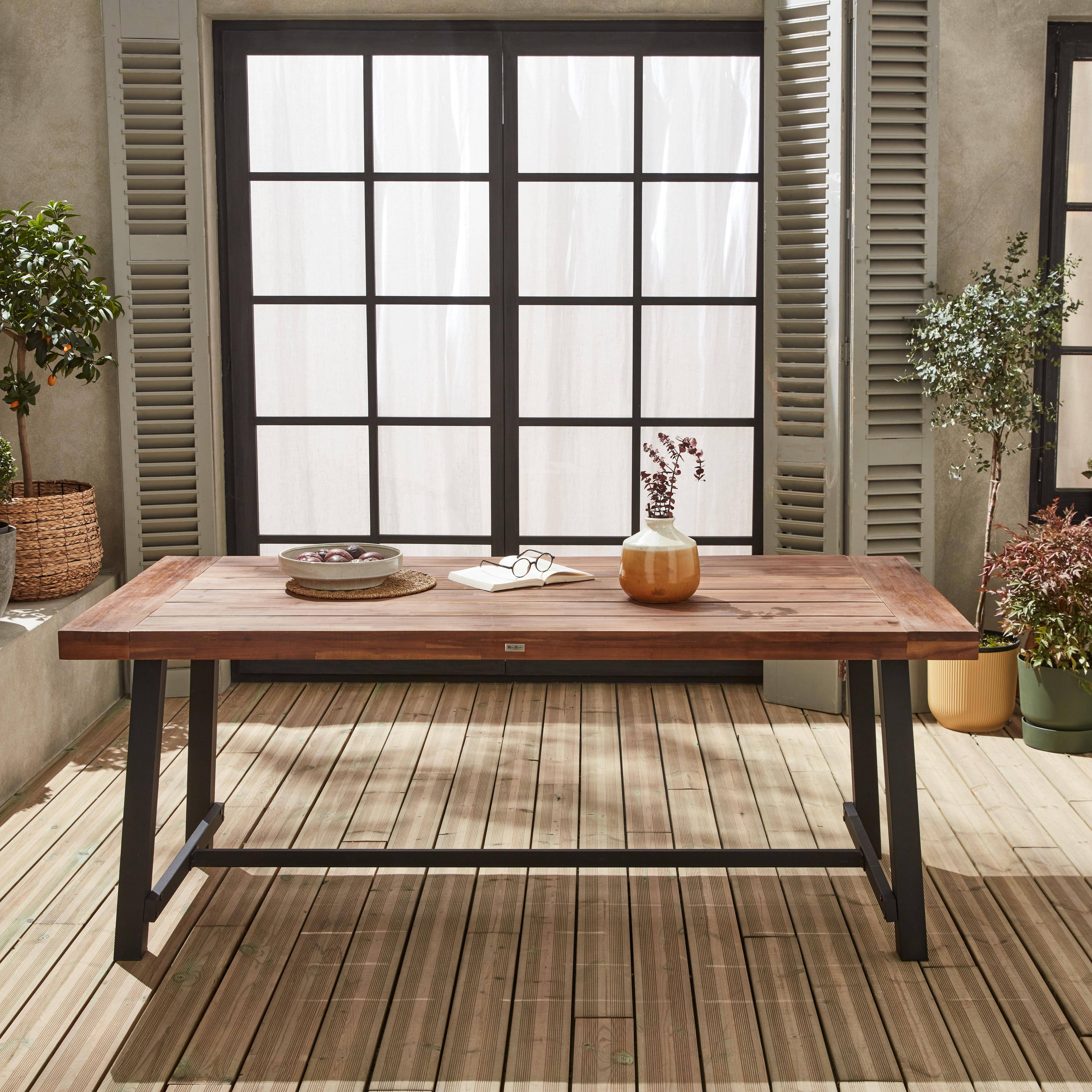 Acacia wood and steel table indoor outdoor Dark wood colour